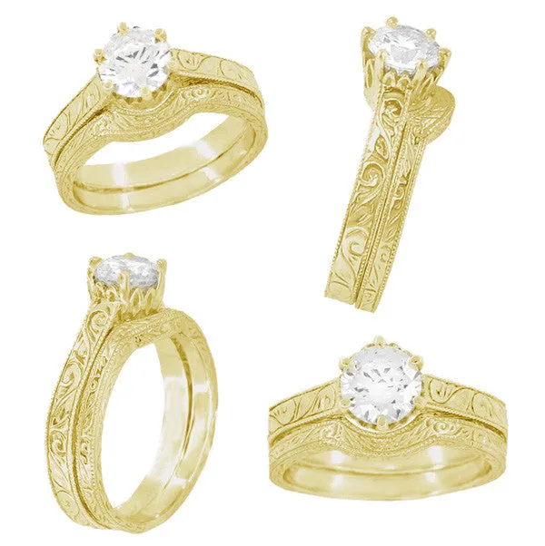 Art Deco Carved Scrolls Contoured Yellow Gold Wedding Band - 14K or 18K