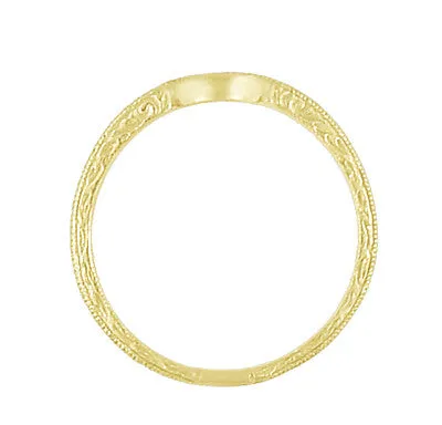 Art Deco Carved Scrolls Contoured Yellow Gold Wedding Band - 14K or 18K