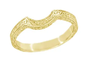 Art Deco Carved Scrolls Contoured Yellow Gold Wedding Band - 14K or 18K