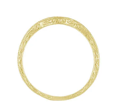 Art Deco Carved Scrolls Contoured Yellow Gold Wedding Band - 14K or 18K