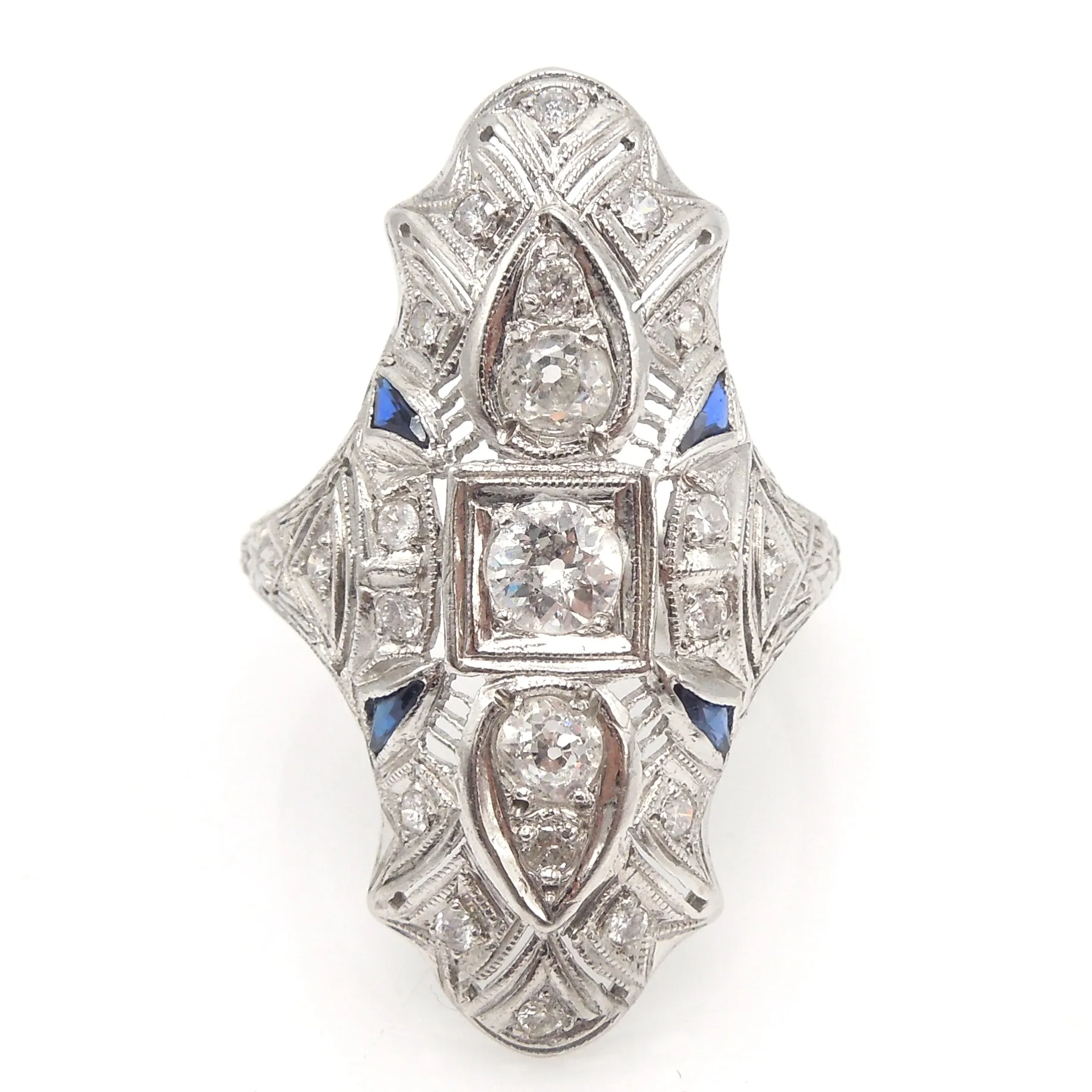 Art Deco Diamond and Sapphire Platinum Navette Ring