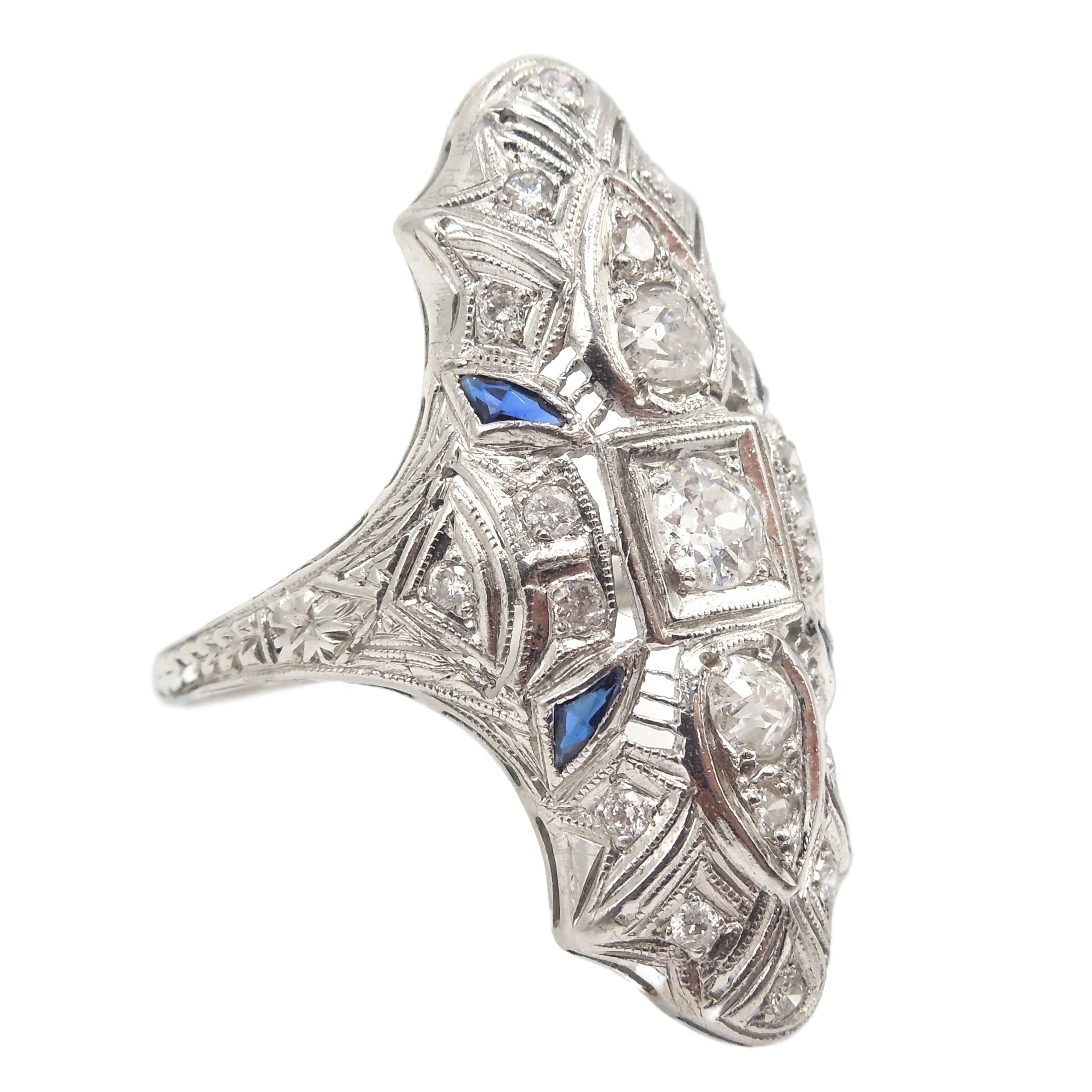 Art Deco Diamond and Sapphire Platinum Navette Ring