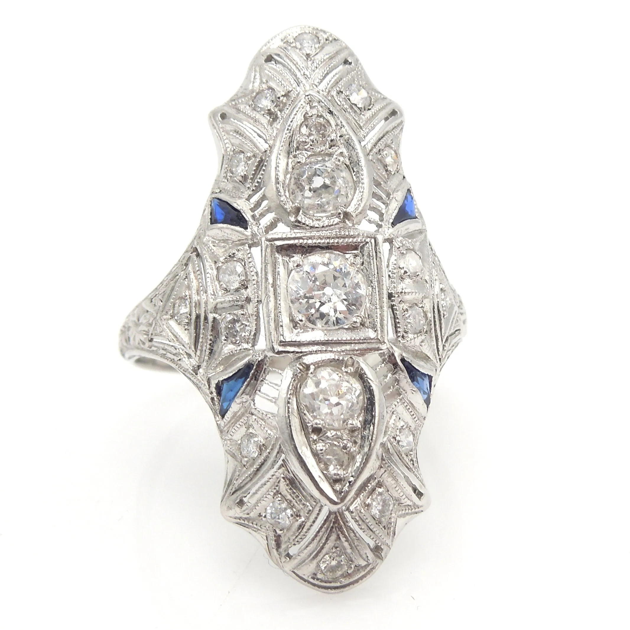 Art Deco Diamond and Sapphire Platinum Navette Ring