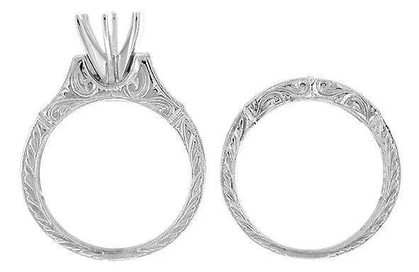 Art Deco Engraved Scrolls 1.50 Carat Round Diamond Engagement Ring Setting and Matching Wedding Ring in White Gold