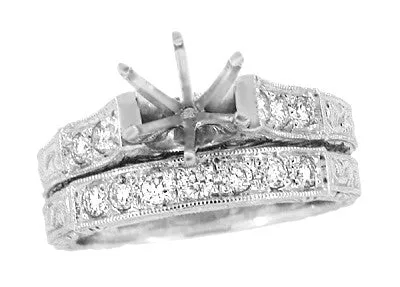 Art Deco Engraved Scrolls 1.50 Carat Round Diamond Engagement Ring Setting and Matching Wedding Ring in White Gold