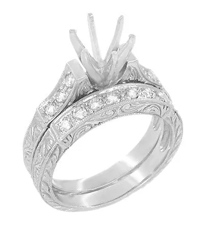 Art Deco Engraved Scrolls 1.50 Carat Round Diamond Engagement Ring Setting and Matching Wedding Ring in White Gold