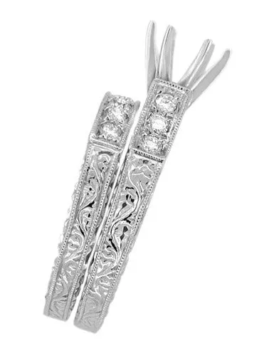 Art Deco Engraved Scrolls 1.50 Carat Round Diamond Engagement Ring Setting and Matching Wedding Ring in White Gold