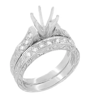 Art Deco Engraved Scrolls 1.50 Carat Round Diamond Engagement Ring Setting and Matching Wedding Ring in White Gold