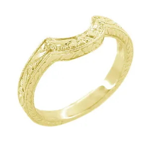 Art Deco Engraved Scrolls and Wheat Curved Wedding Band in 18 Karat Yellow Gold