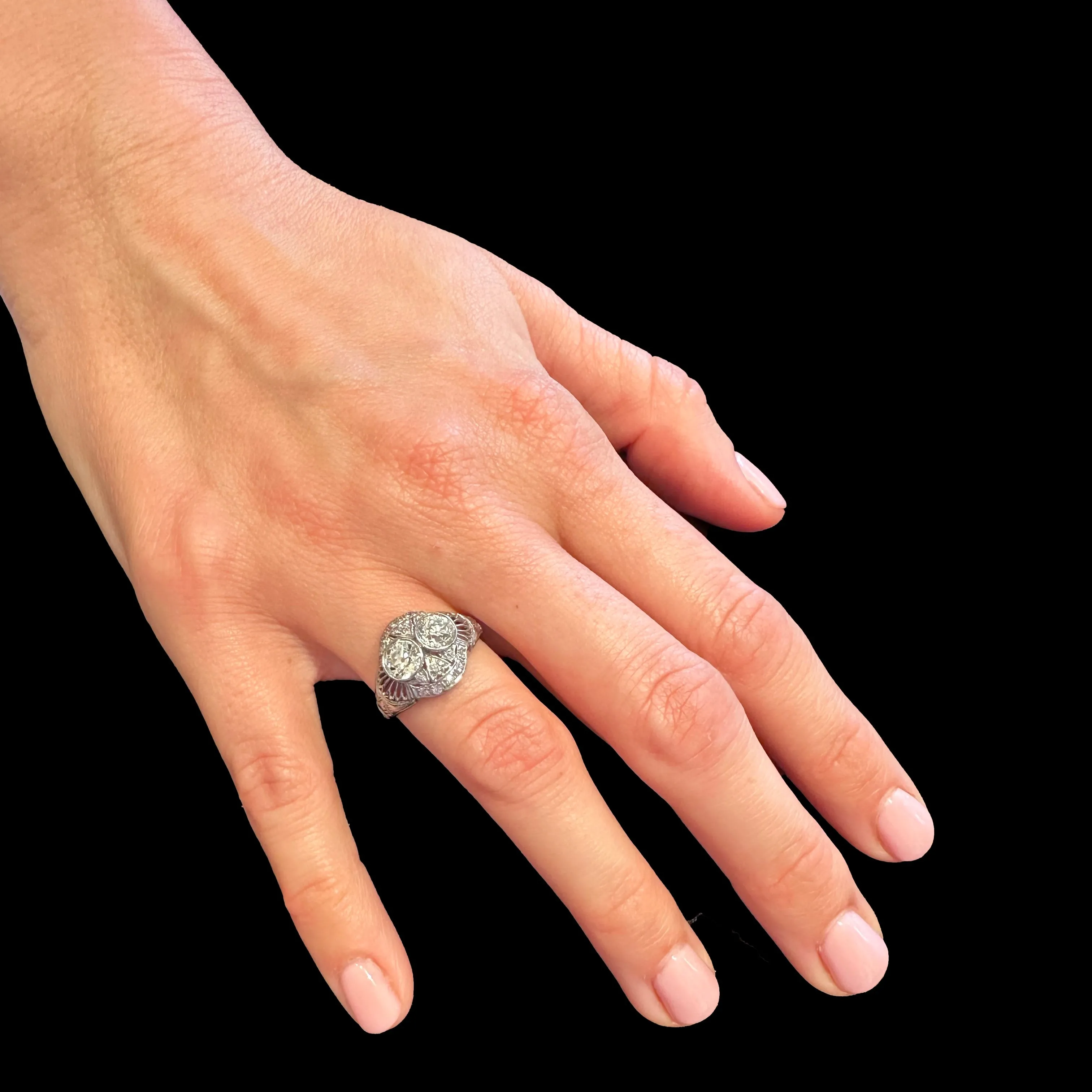 Art Deco Filigree and Old European Cut Diamond Toi-et-Moi Two Stone Ring