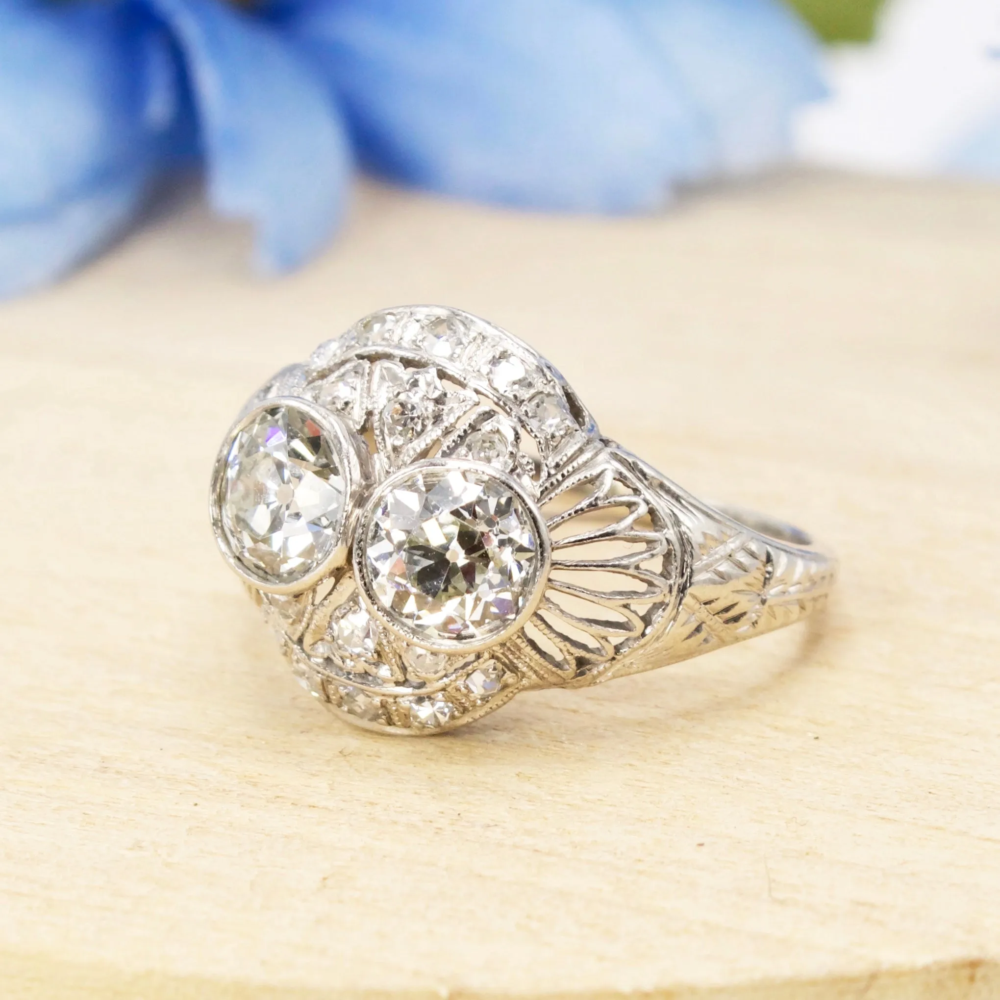 Art Deco Filigree and Old European Cut Diamond Toi-et-Moi Two Stone Ring