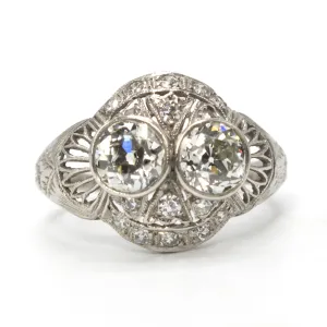 Art Deco Filigree and Old European Cut Diamond Toi-et-Moi Two Stone Ring