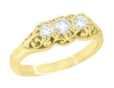 Art Deco Filigree "Three Stone" Diamond Ring in Yellow Gold - 14K or 18K