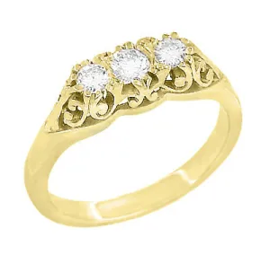 Art Deco Filigree "Three Stone" Diamond Ring in Yellow Gold - 14K or 18K