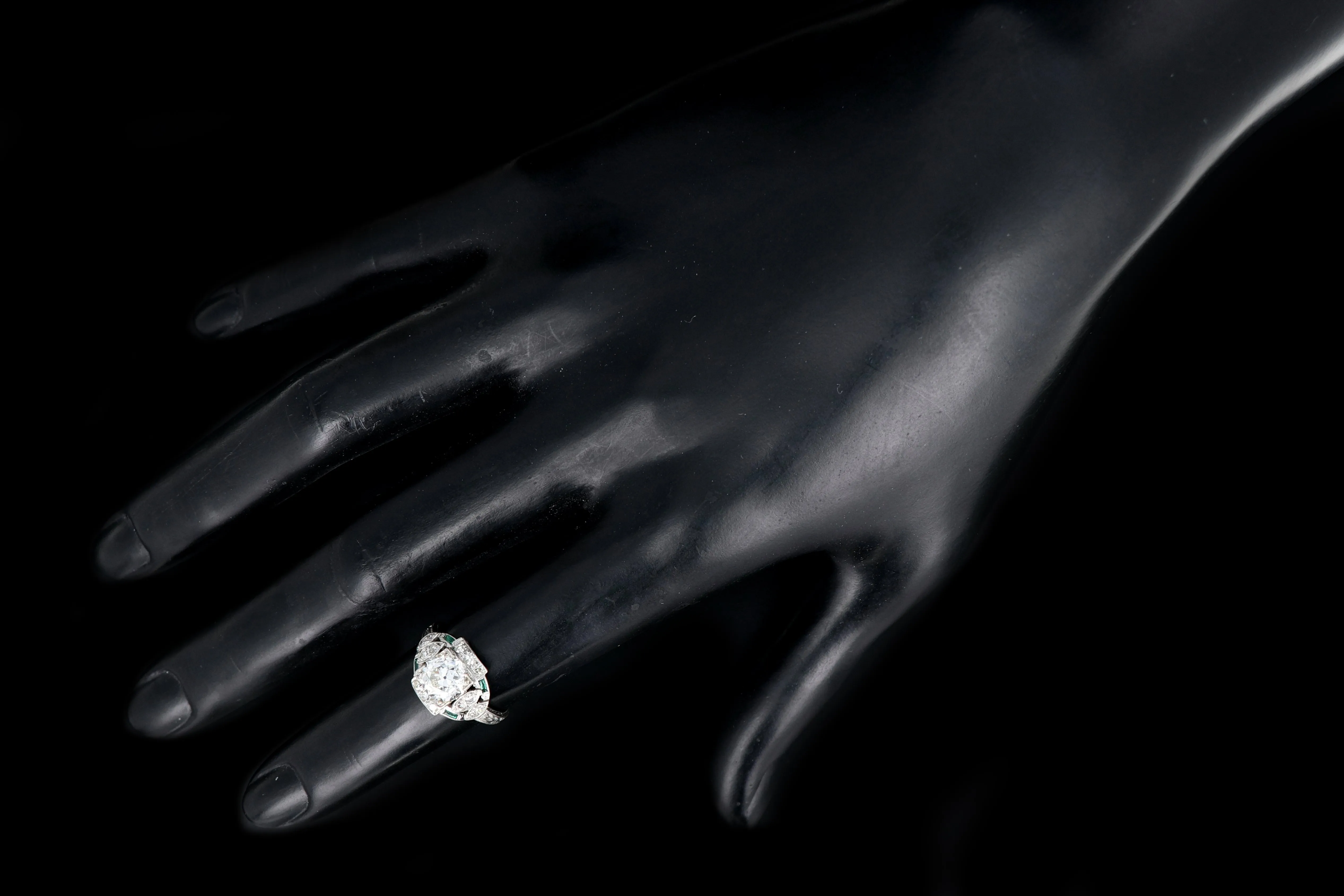 Art Deco Hand Chased Platinum 1.52CT Old European Cut Diamond and Emerald Engagement Ring