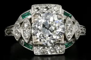 Art Deco Hand Chased Platinum 1.52CT Old European Cut Diamond and Emerald Engagement Ring