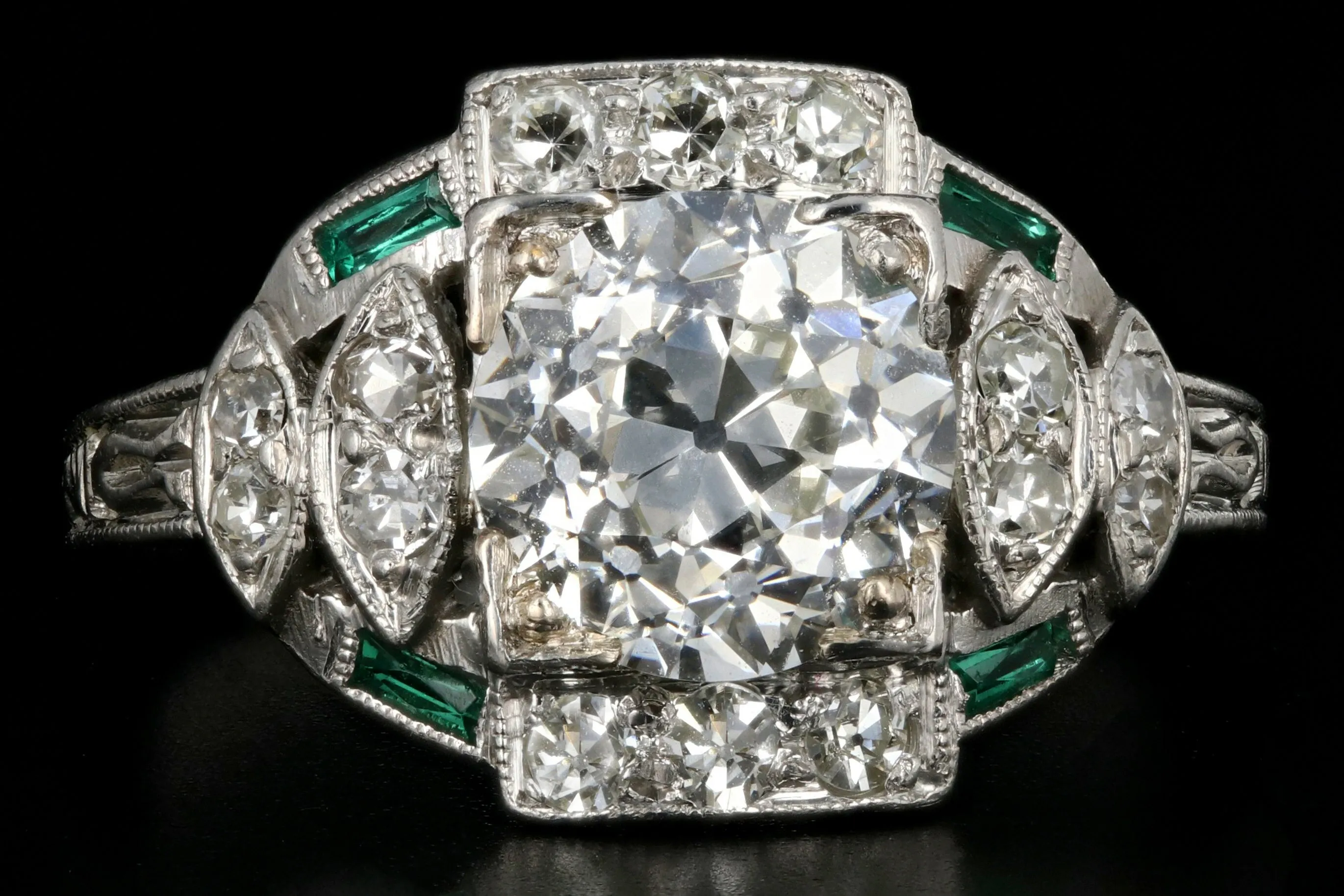 Art Deco Hand Chased Platinum 1.52CT Old European Cut Diamond and Emerald Engagement Ring
