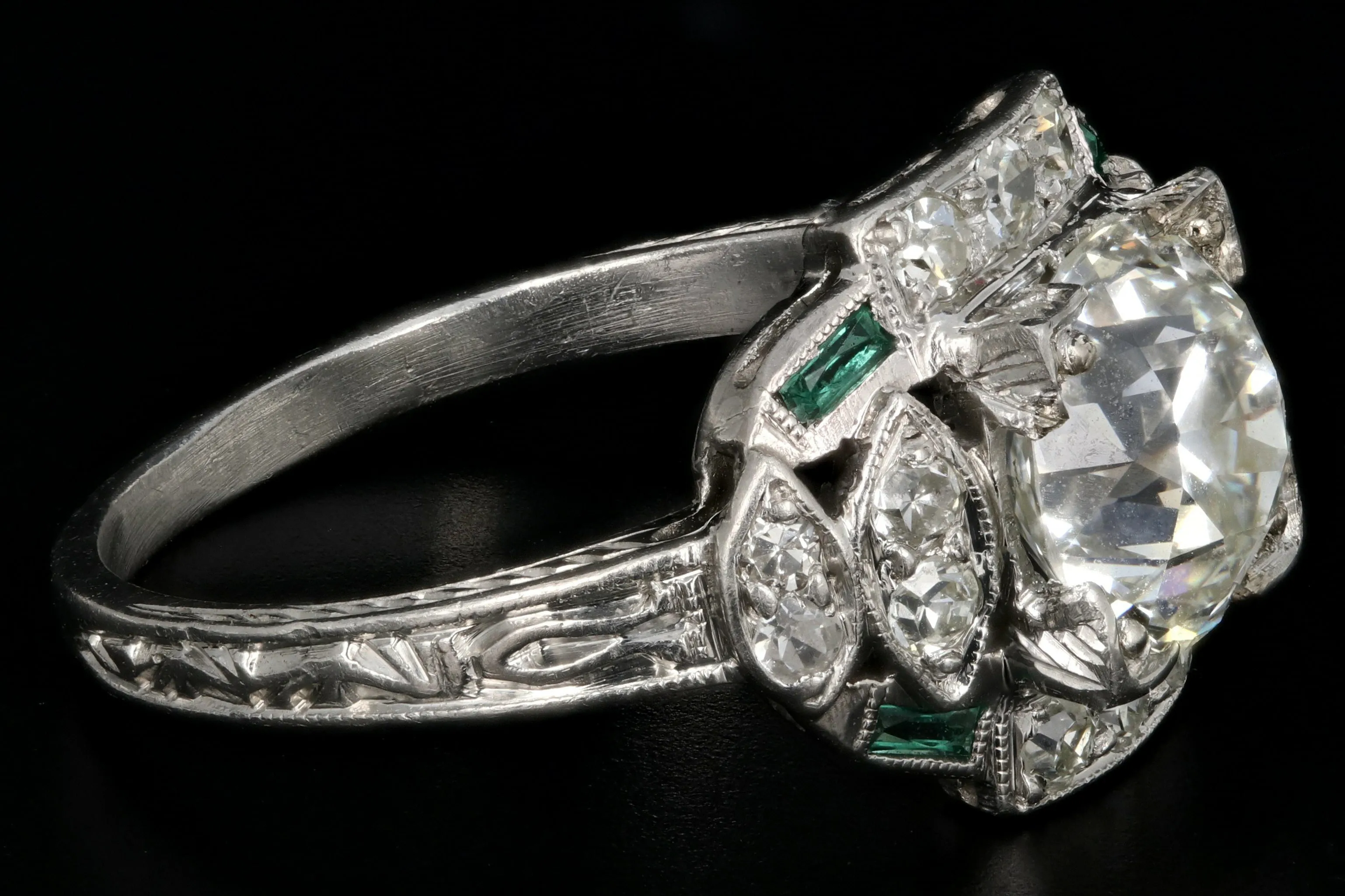 Art Deco Hand Chased Platinum 1.52CT Old European Cut Diamond and Emerald Engagement Ring