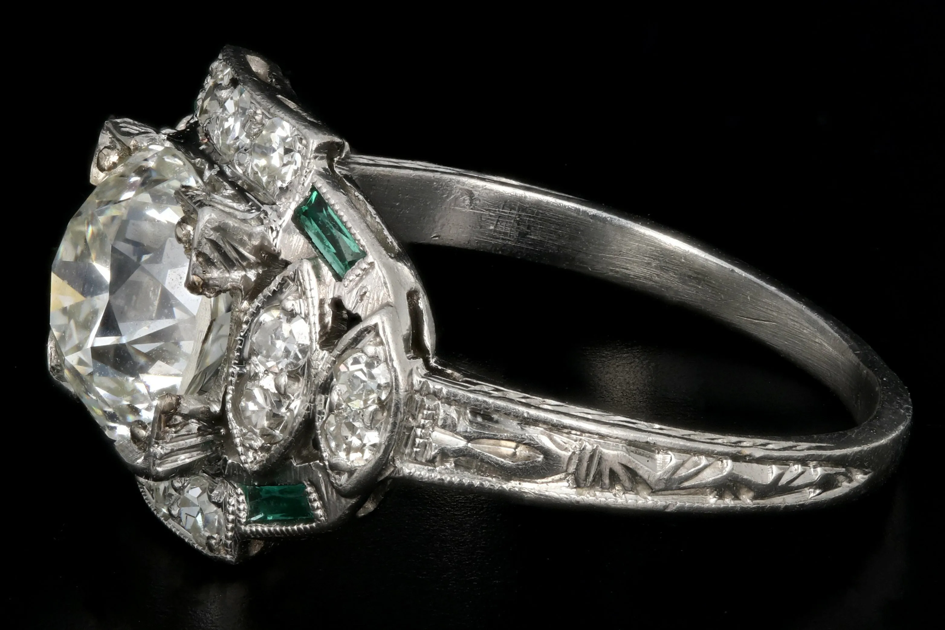 Art Deco Hand Chased Platinum 1.52CT Old European Cut Diamond and Emerald Engagement Ring