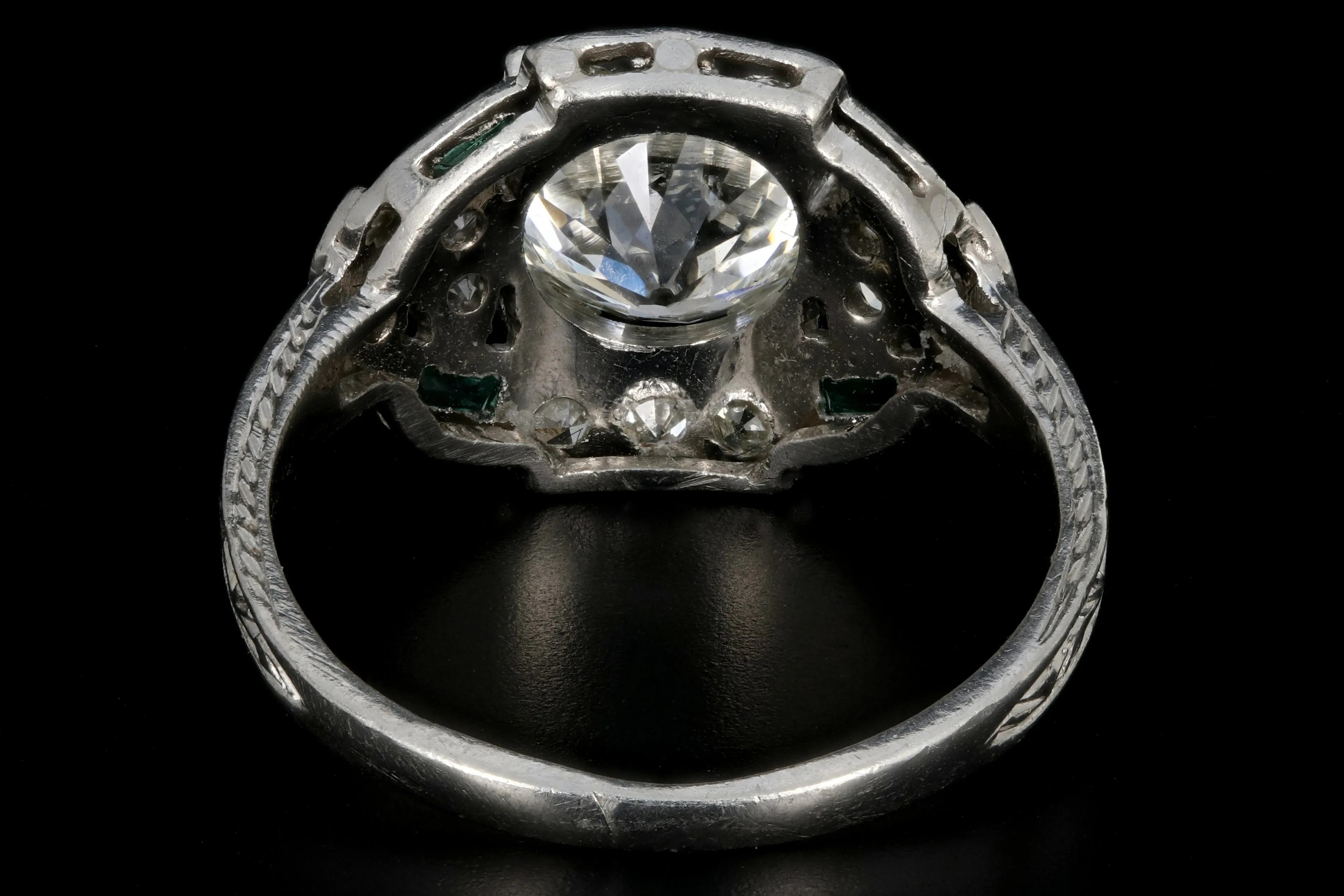 Art Deco Hand Chased Platinum 1.52CT Old European Cut Diamond and Emerald Engagement Ring
