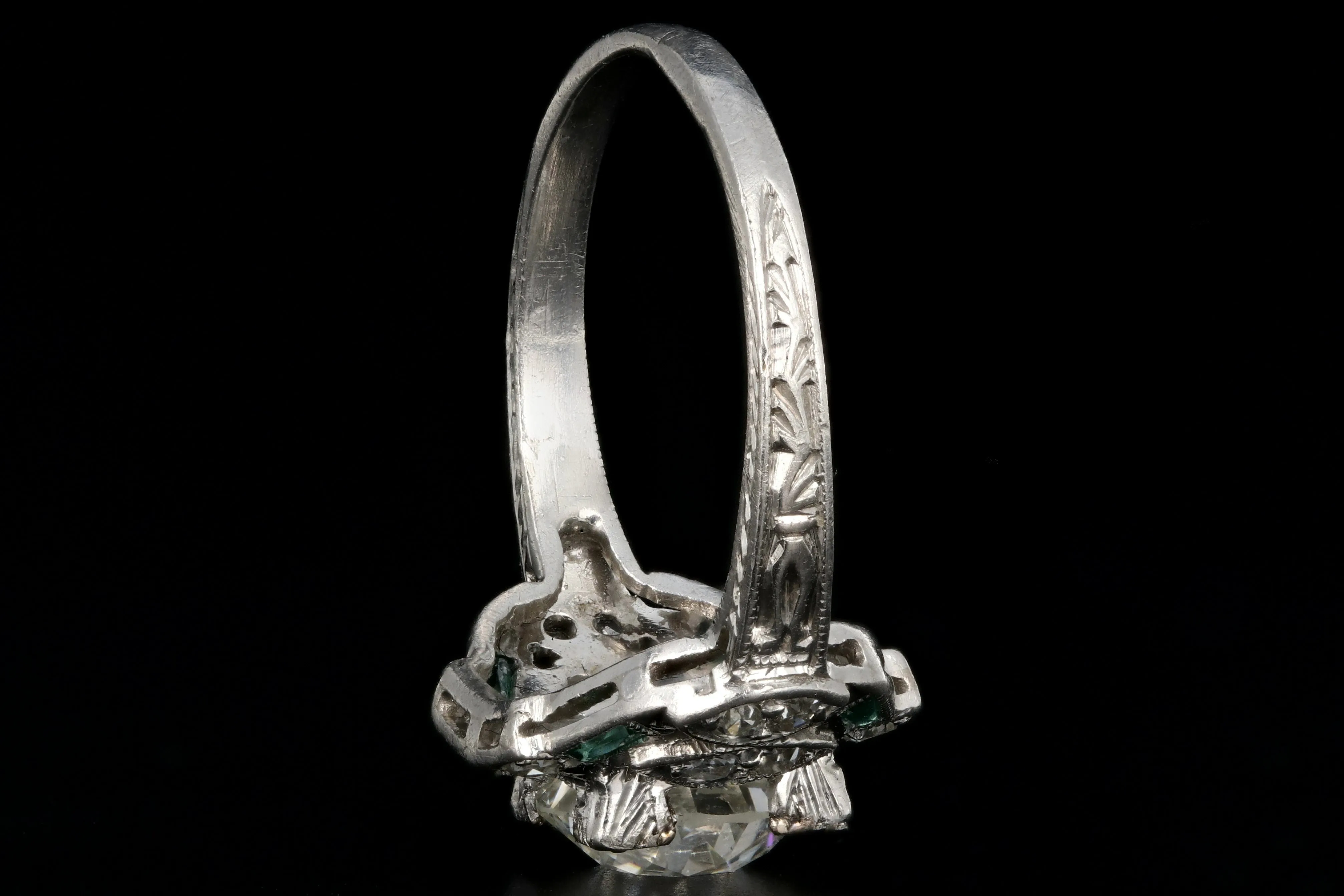 Art Deco Hand Chased Platinum 1.52CT Old European Cut Diamond and Emerald Engagement Ring