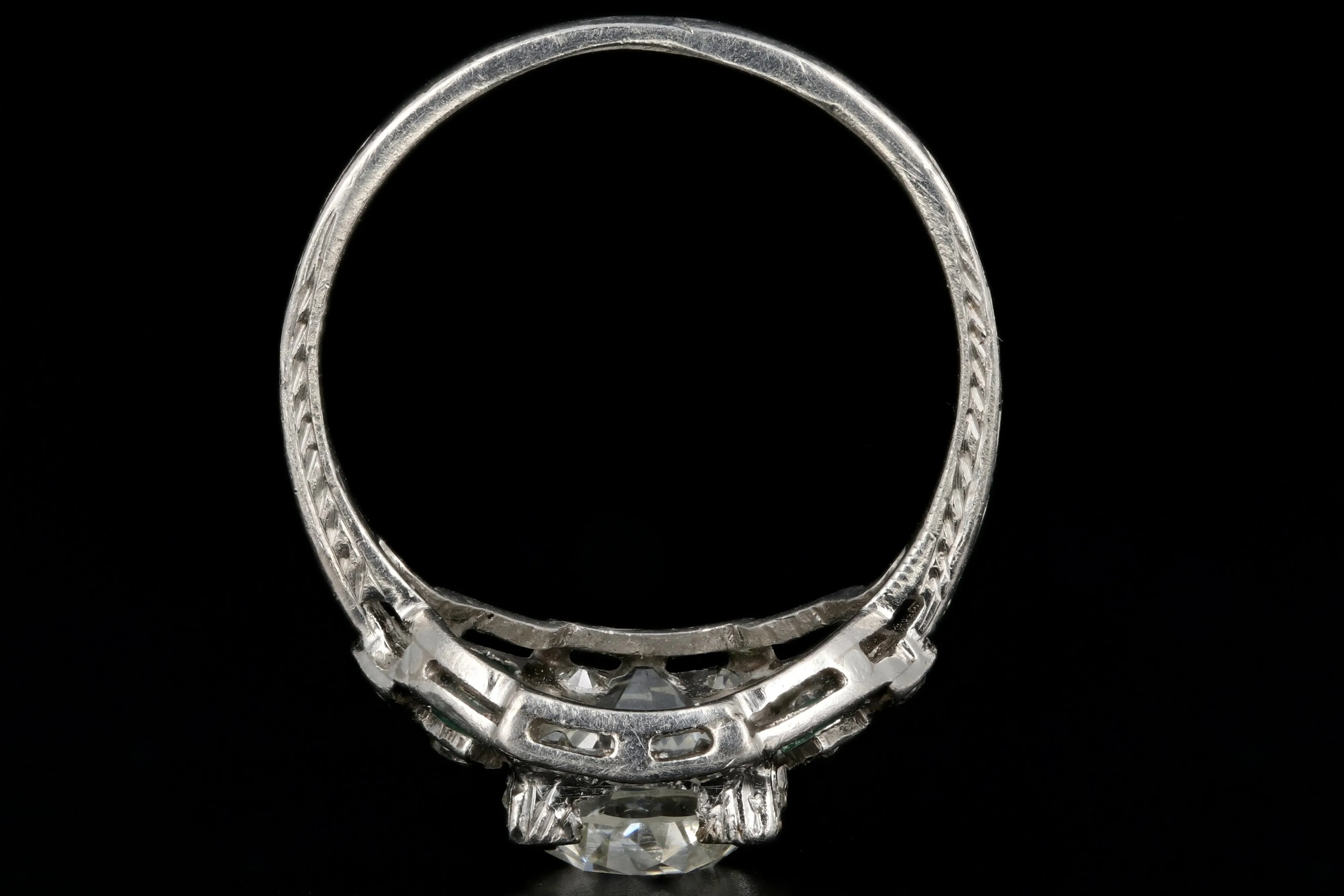 Art Deco Hand Chased Platinum 1.52CT Old European Cut Diamond and Emerald Engagement Ring