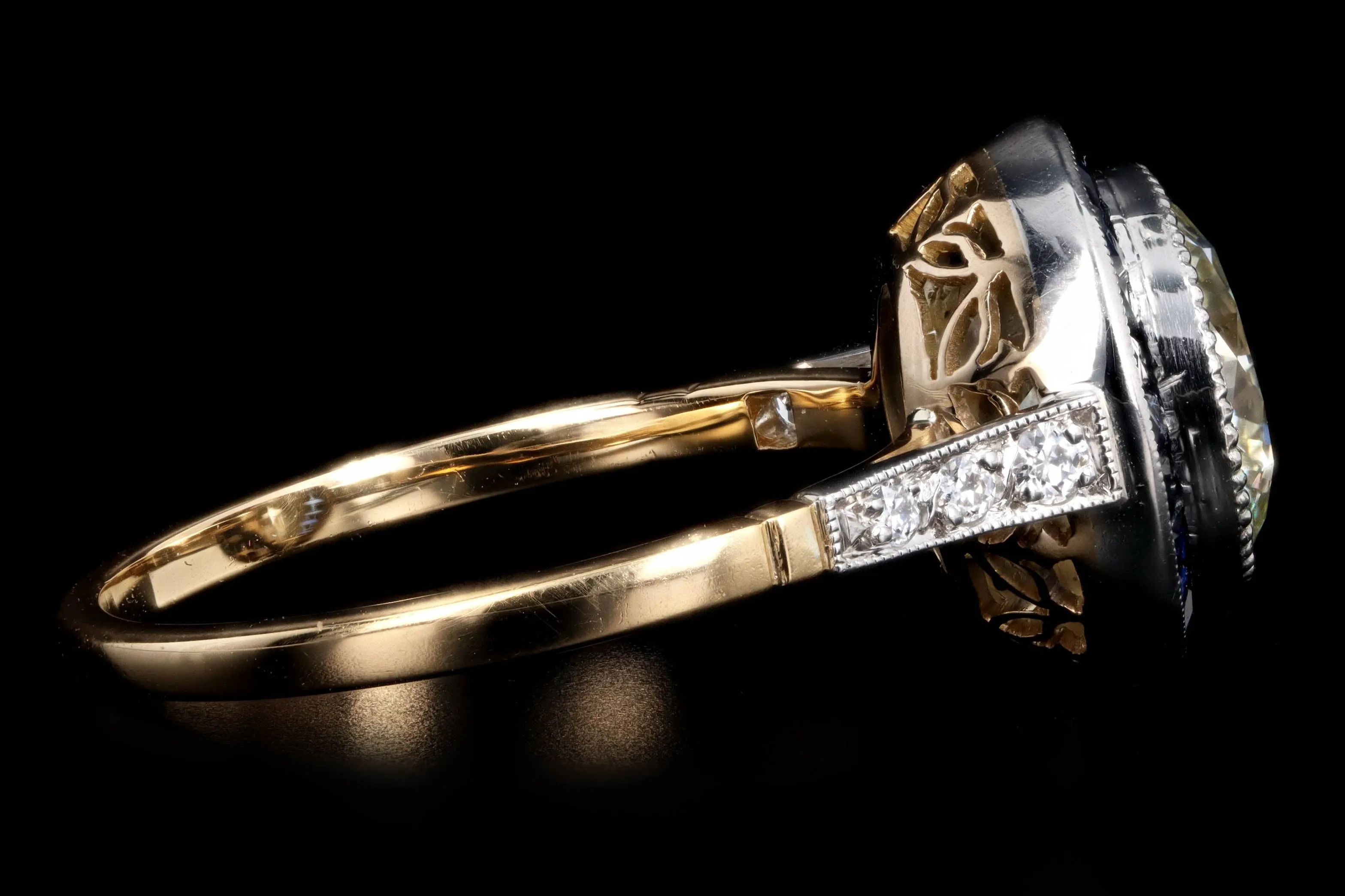 Art Deco Inspired 18K Yellow Gold Platinum 2.12 Carat Round Brilliant Diamond Natural Sapphire Halo Engagement Ring