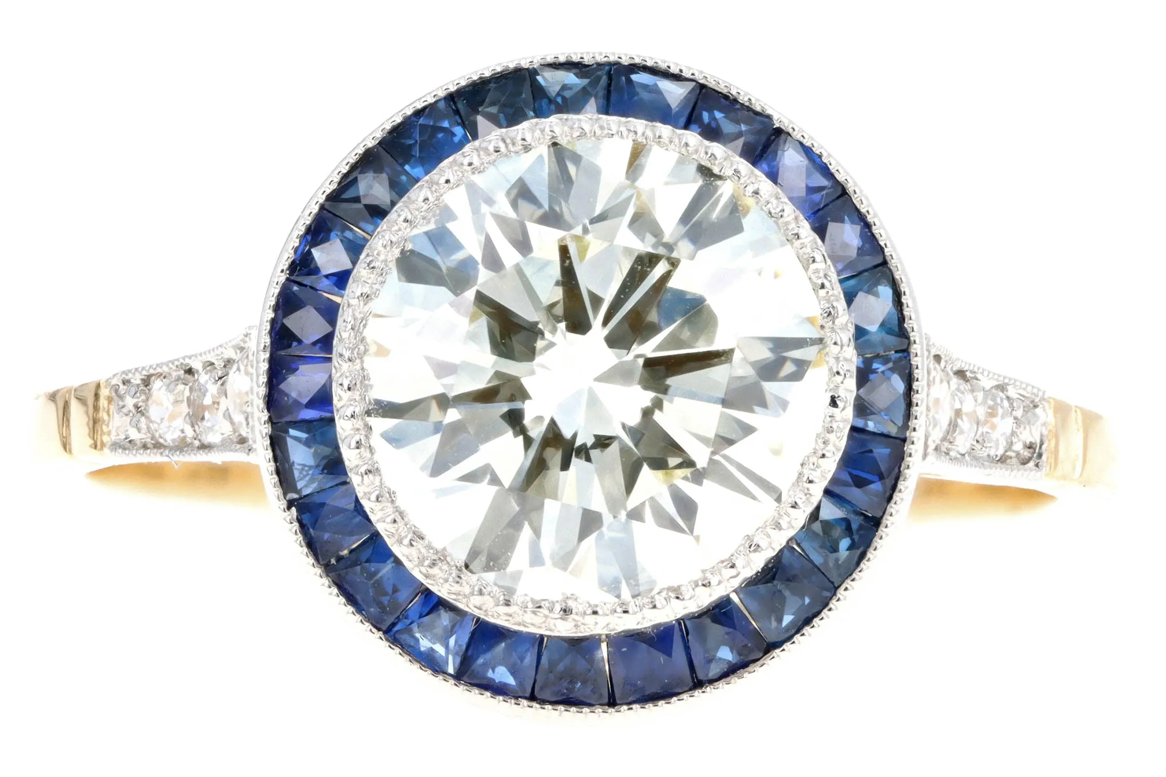 Art Deco Inspired 18K Yellow Gold Platinum 2.12 Carat Round Brilliant Diamond Natural Sapphire Halo Engagement Ring