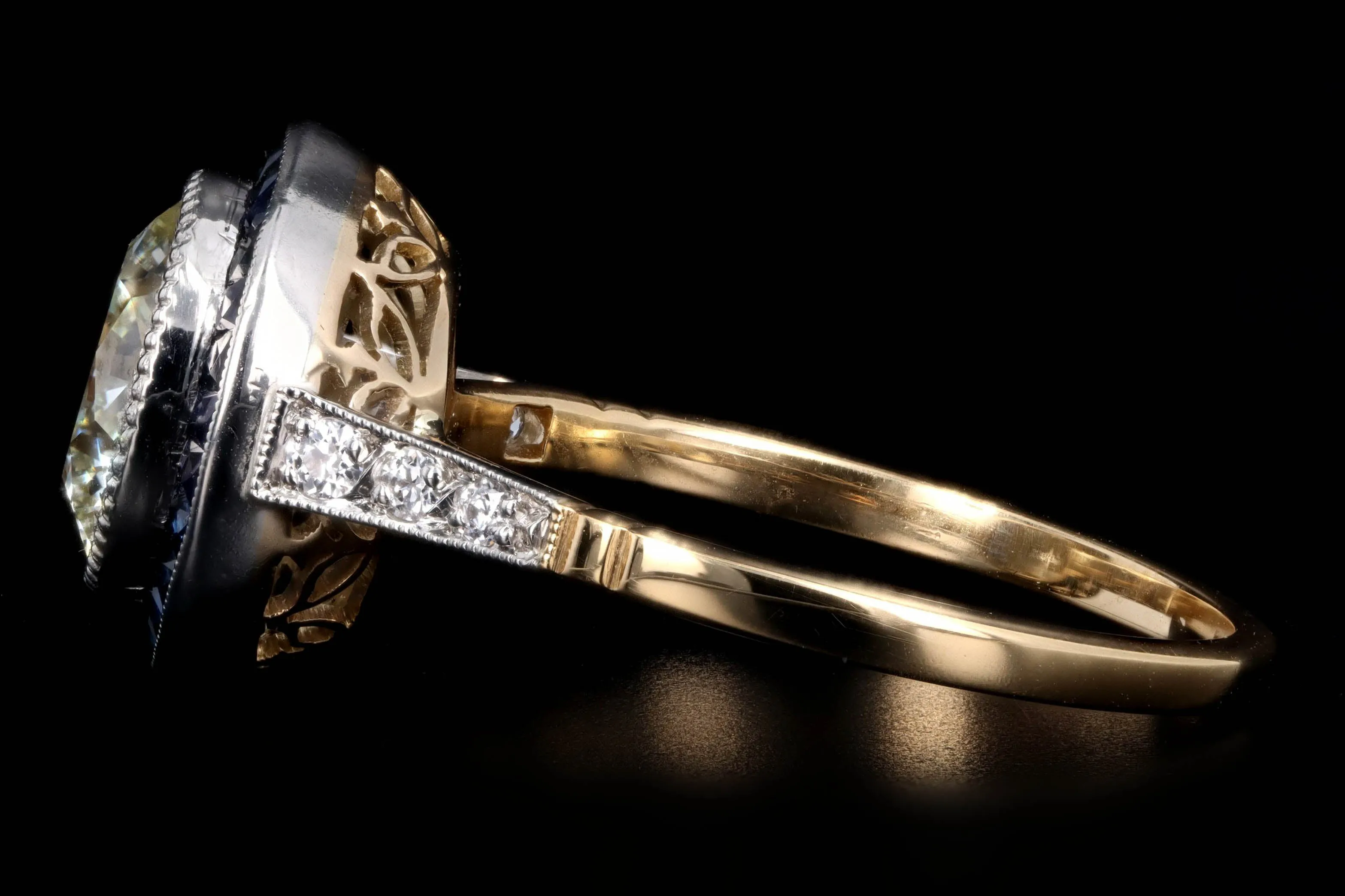 Art Deco Inspired 18K Yellow Gold Platinum 2.12 Carat Round Brilliant Diamond Natural Sapphire Halo Engagement Ring