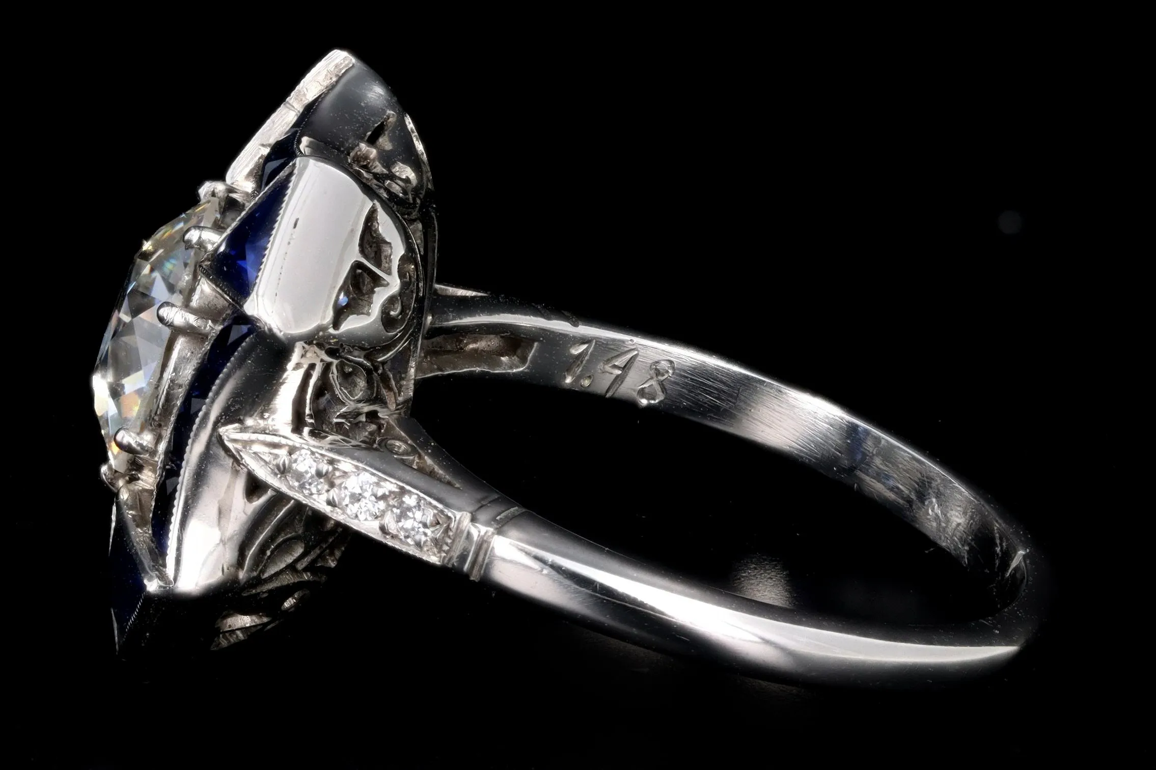 Art Deco Inspired Platinum 1.48 Carat Old European Diamond & Natural Sapphire Ring