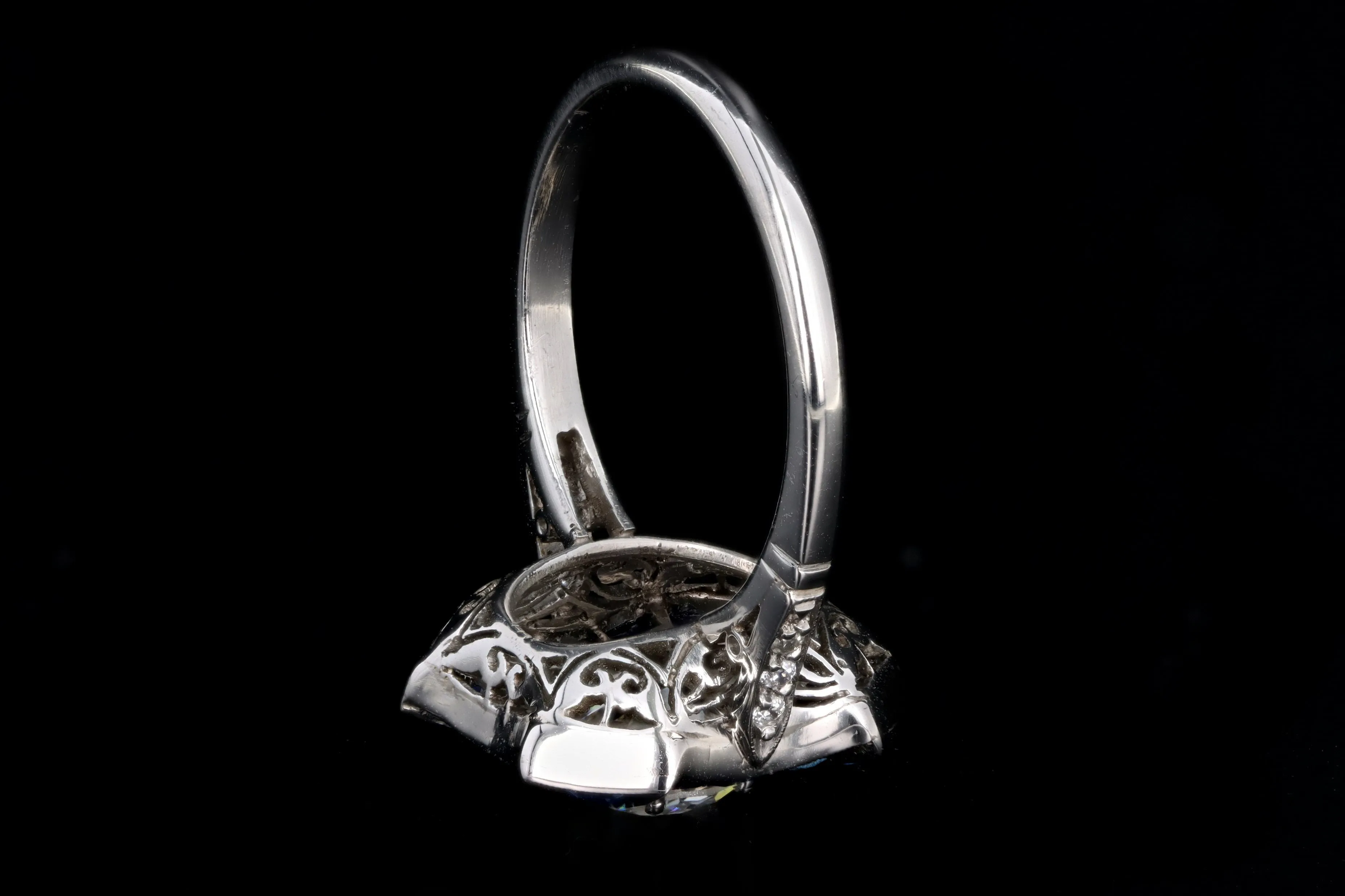 Art Deco Inspired Platinum 1.48 Carat Old European Diamond & Natural Sapphire Ring