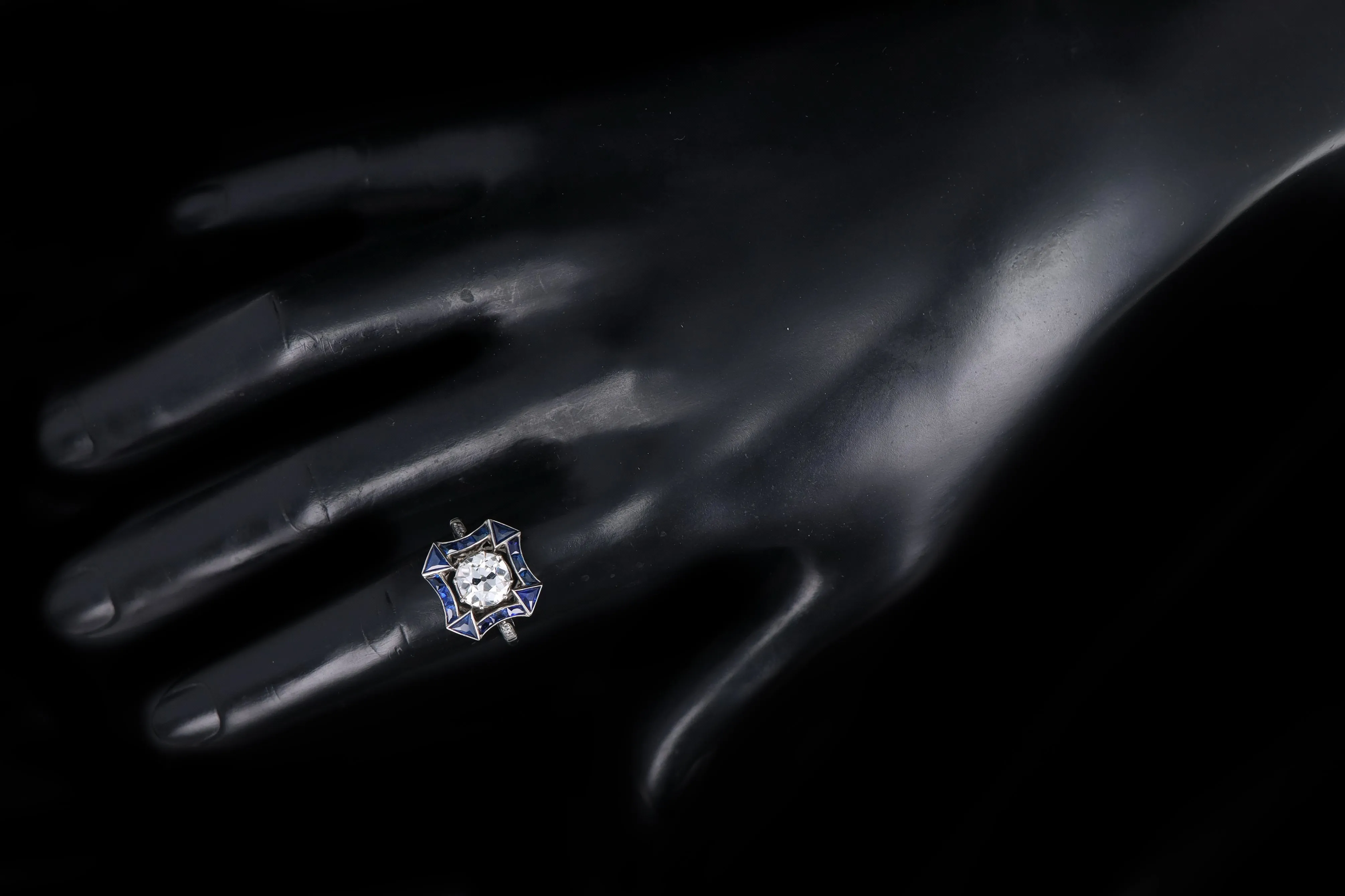 Art Deco Inspired Platinum 1.48 Carat Old European Diamond & Natural Sapphire Ring