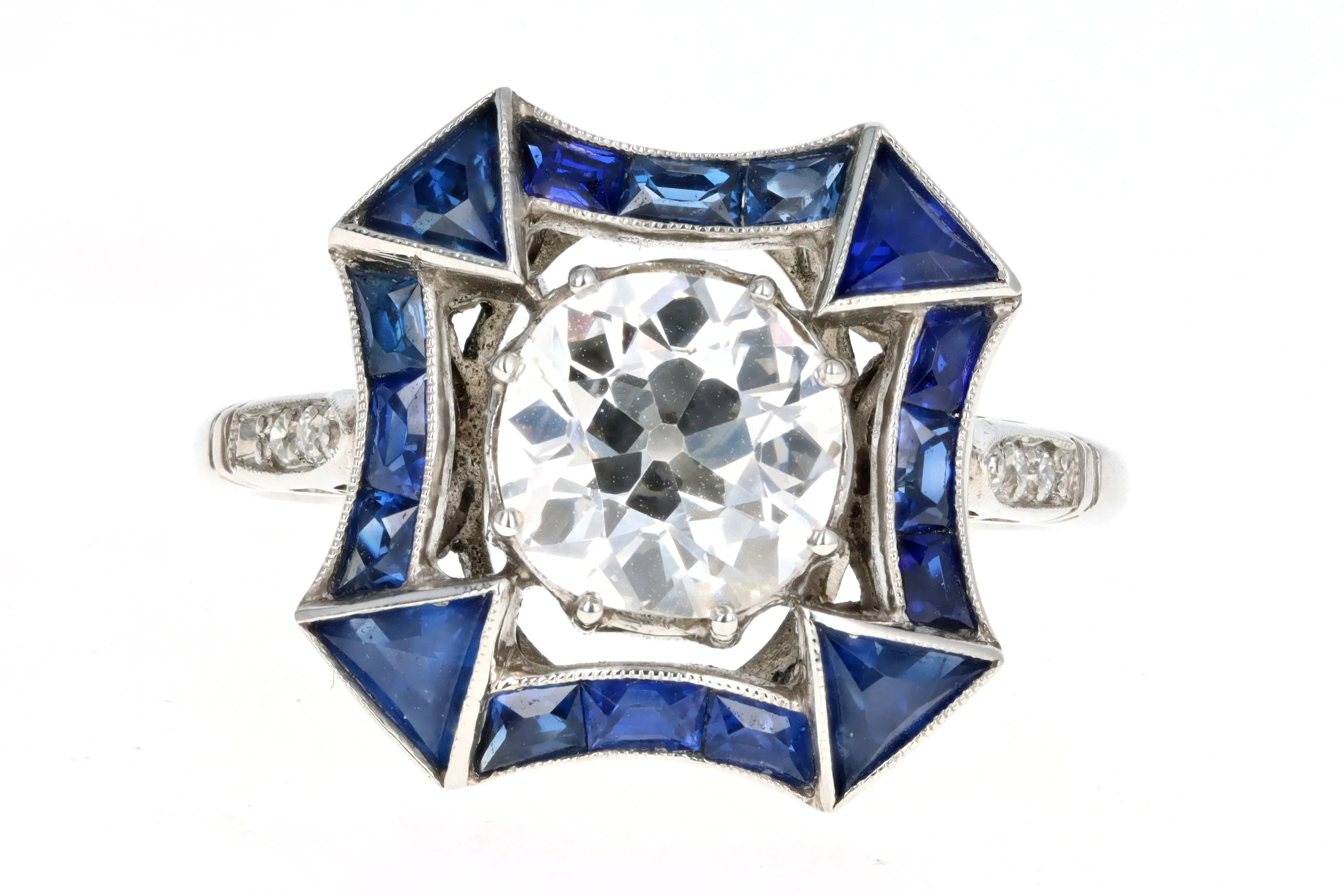 Art Deco Inspired Platinum 1.48 Carat Old European Diamond & Natural Sapphire Ring
