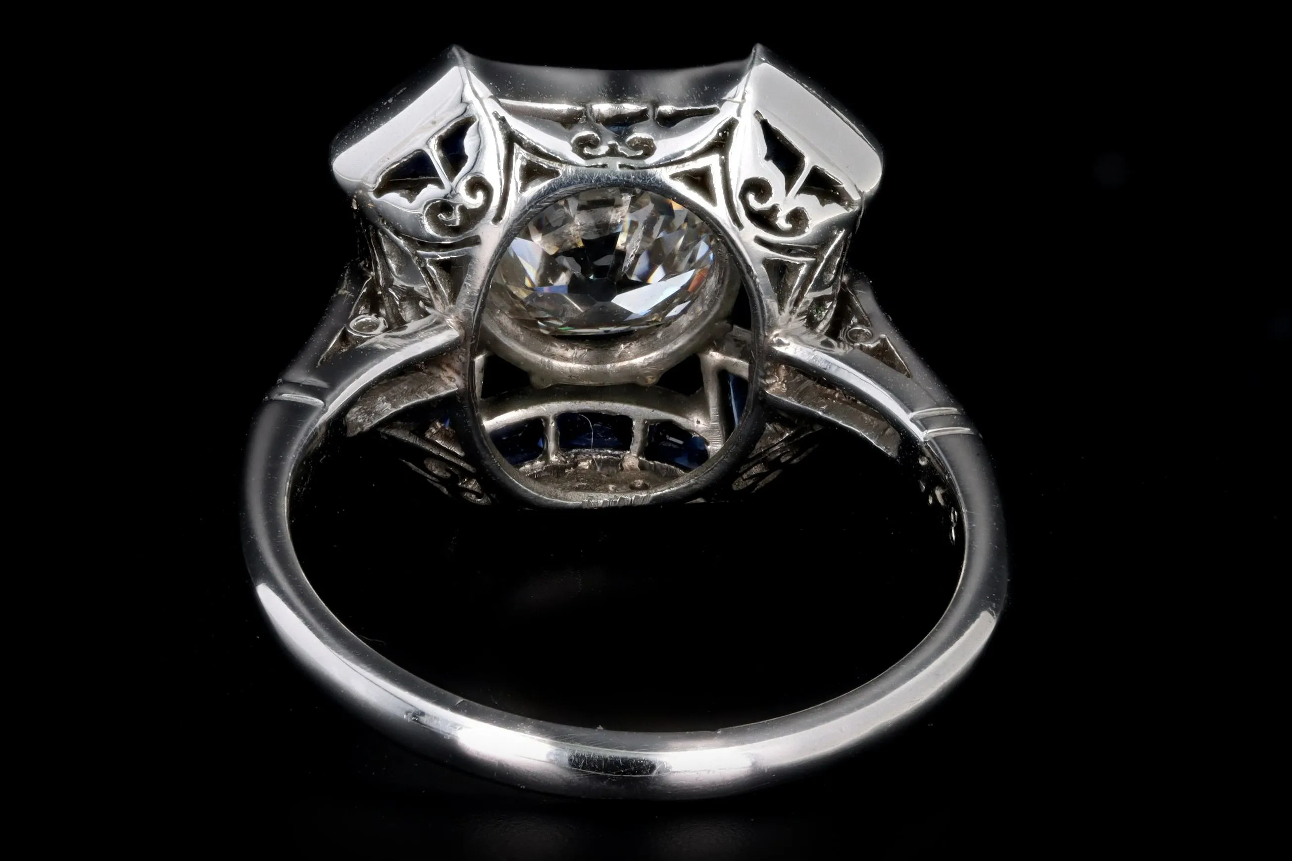 Art Deco Inspired Platinum 1.48 Carat Old European Diamond & Natural Sapphire Ring