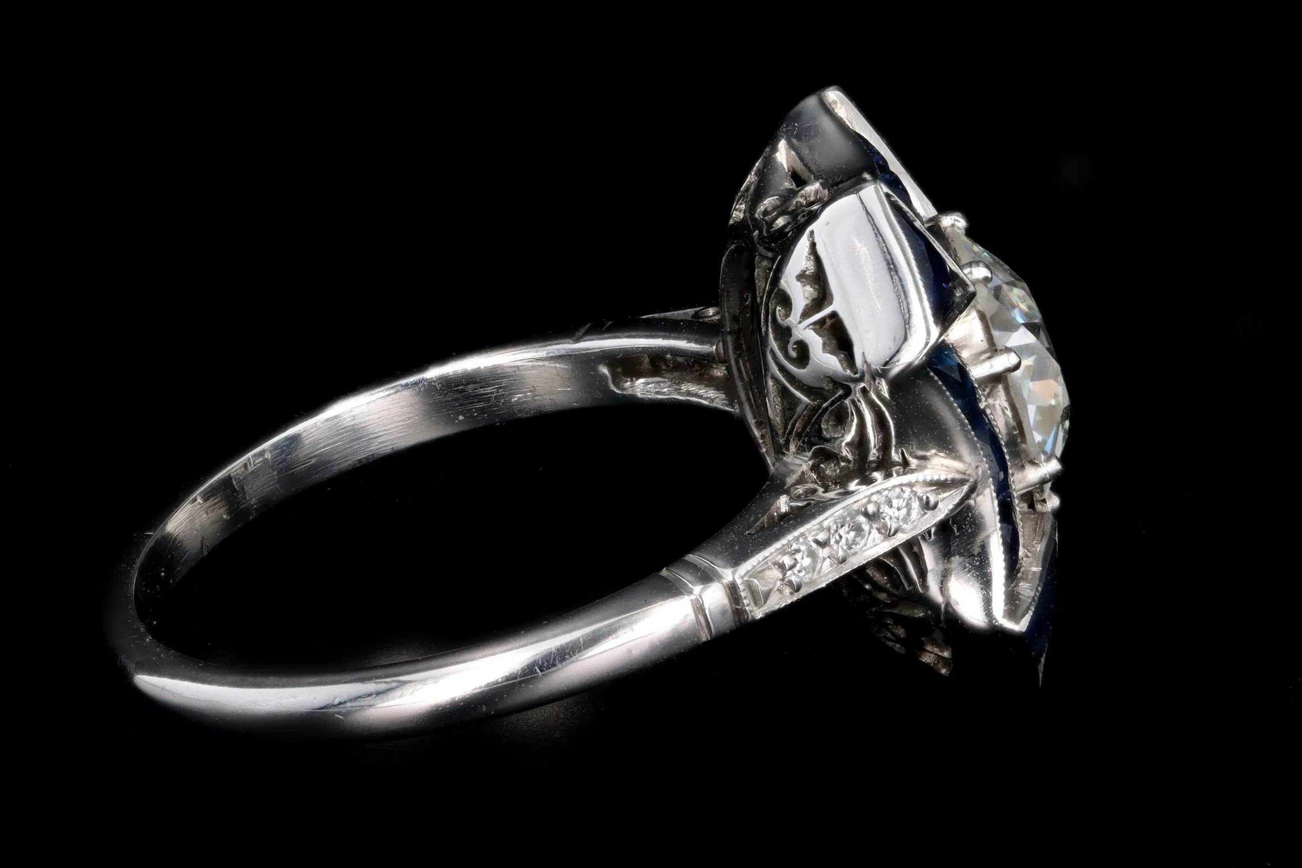Art Deco Inspired Platinum 1.48 Carat Old European Diamond & Natural Sapphire Ring