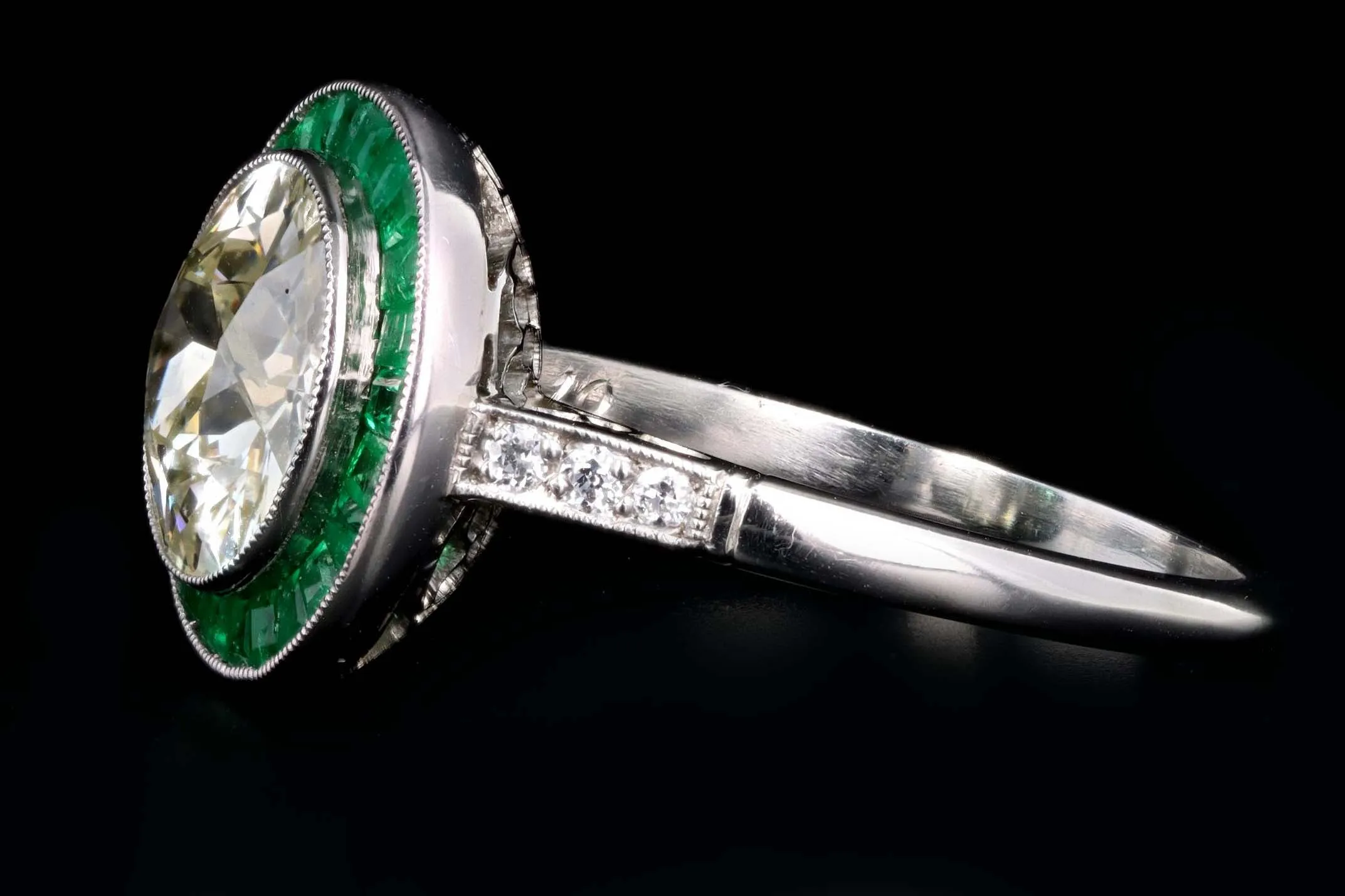 Art Deco Inspired Platinum 2.10 Carat Old European Cut Diamond & Natural Emerald Halo Engagement Ring