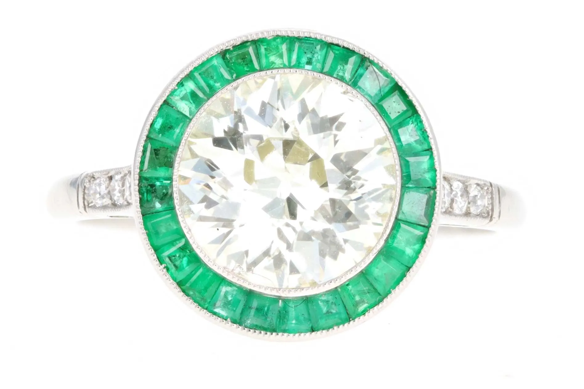 Art Deco Inspired Platinum 2.10 Carat Old European Cut Diamond & Natural Emerald Halo Engagement Ring
