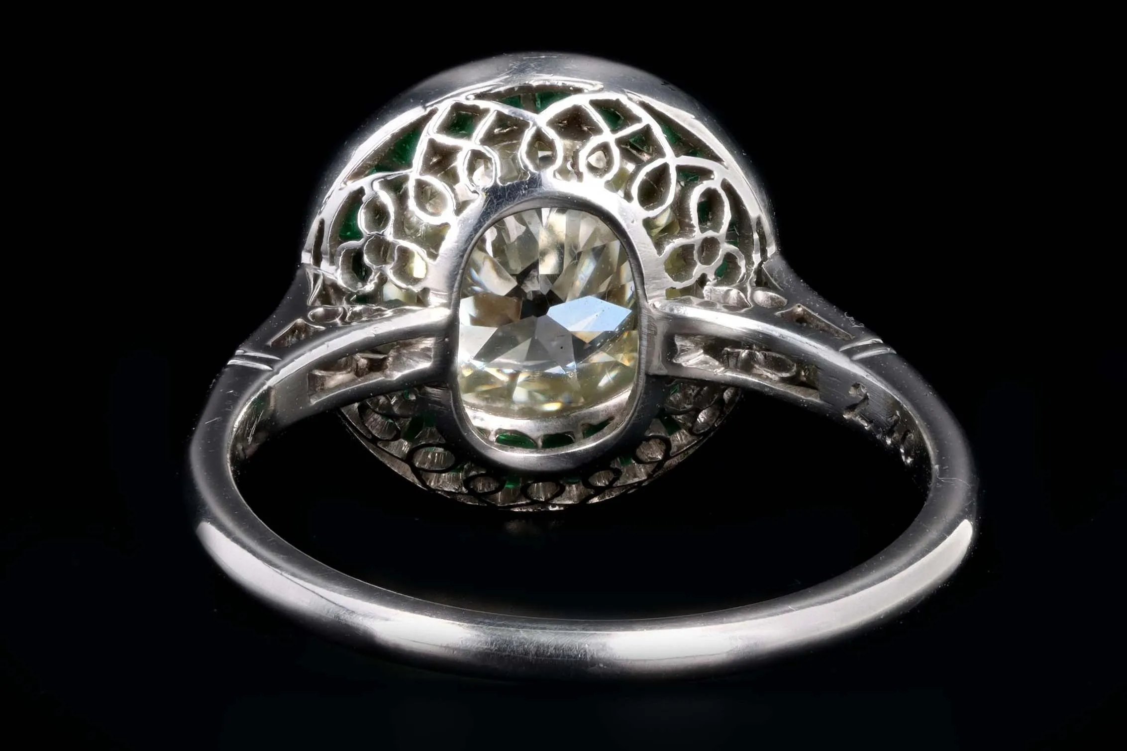 Art Deco Inspired Platinum 2.10 Carat Old European Cut Diamond & Natural Emerald Halo Engagement Ring