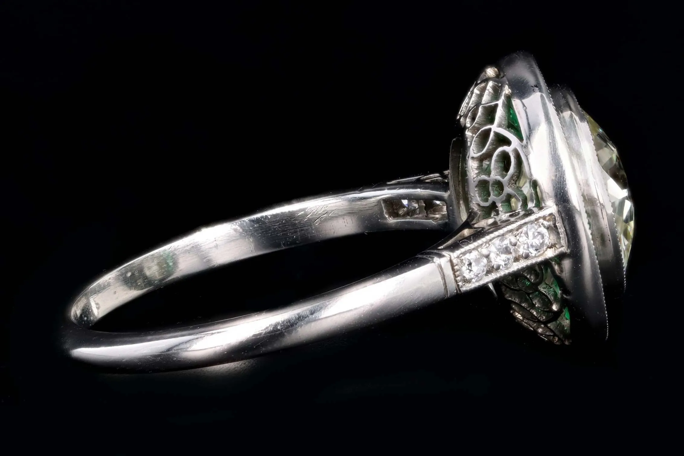 Art Deco Inspired Platinum 2.10 Carat Old European Cut Diamond & Natural Emerald Halo Engagement Ring