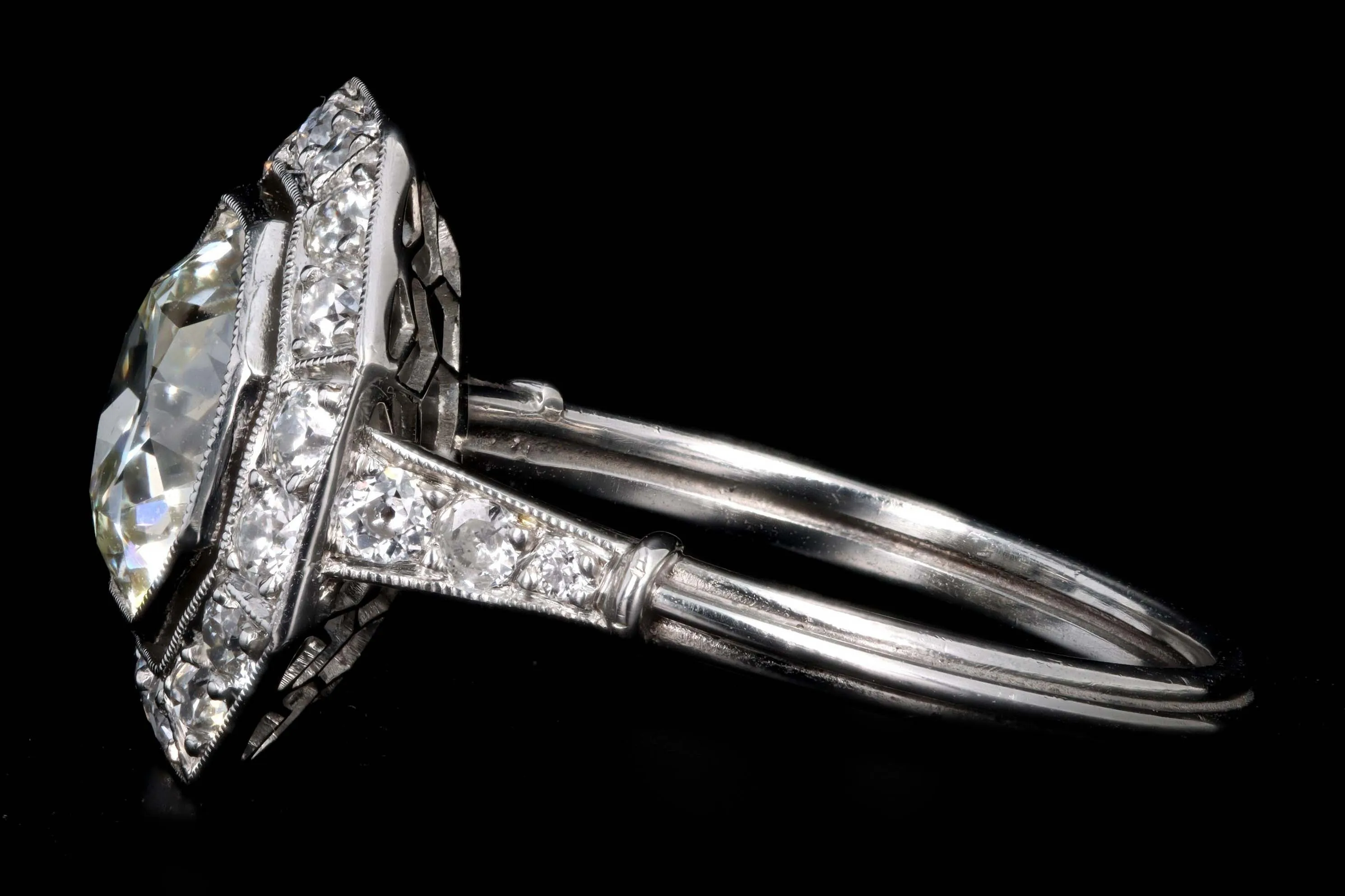 Art Deco Inspired Platinum 2.35 Carat Old European Cut Diamond Engagement Ring