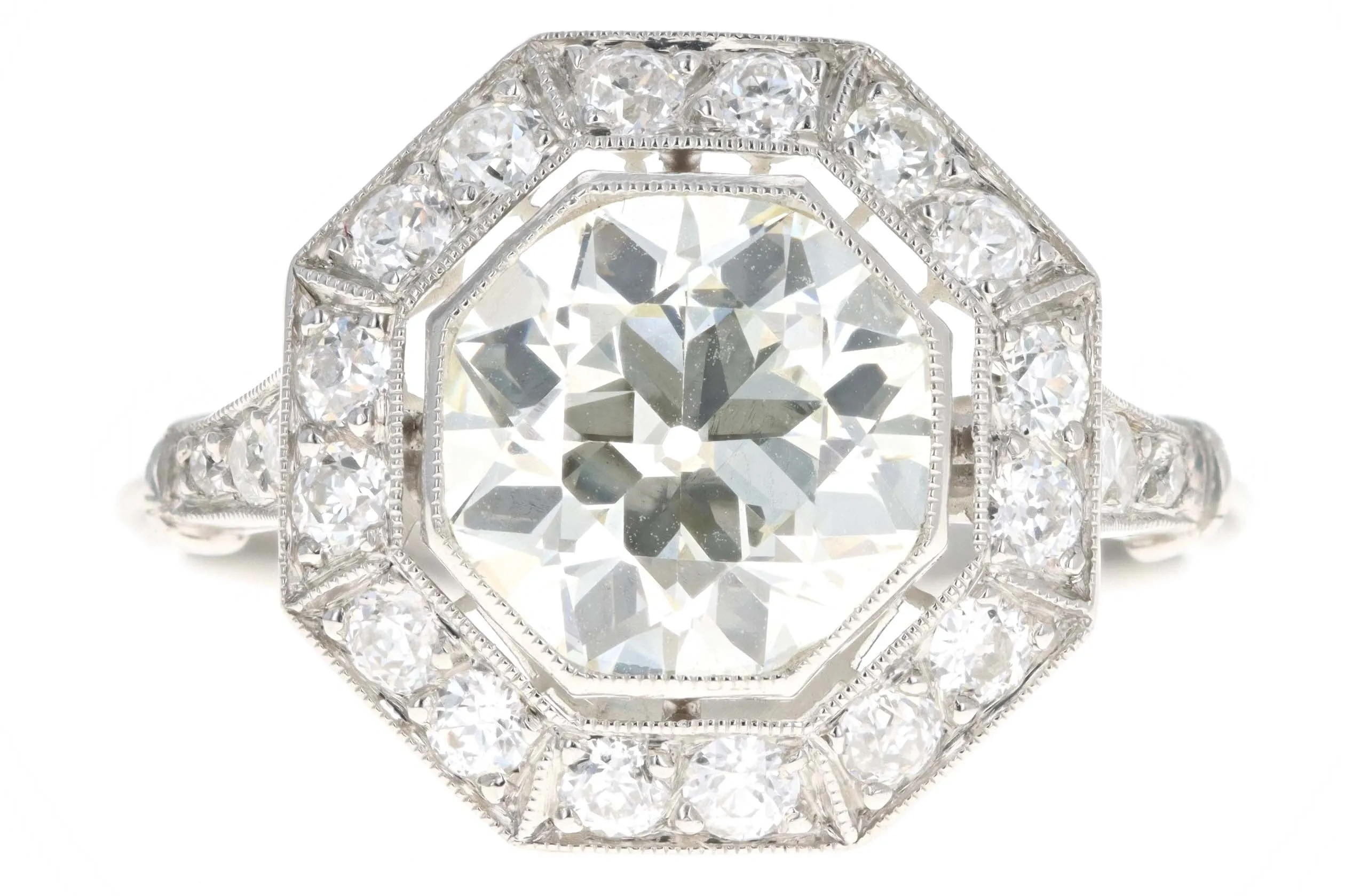 Art Deco Inspired Platinum 2.35 Carat Old European Cut Diamond Engagement Ring