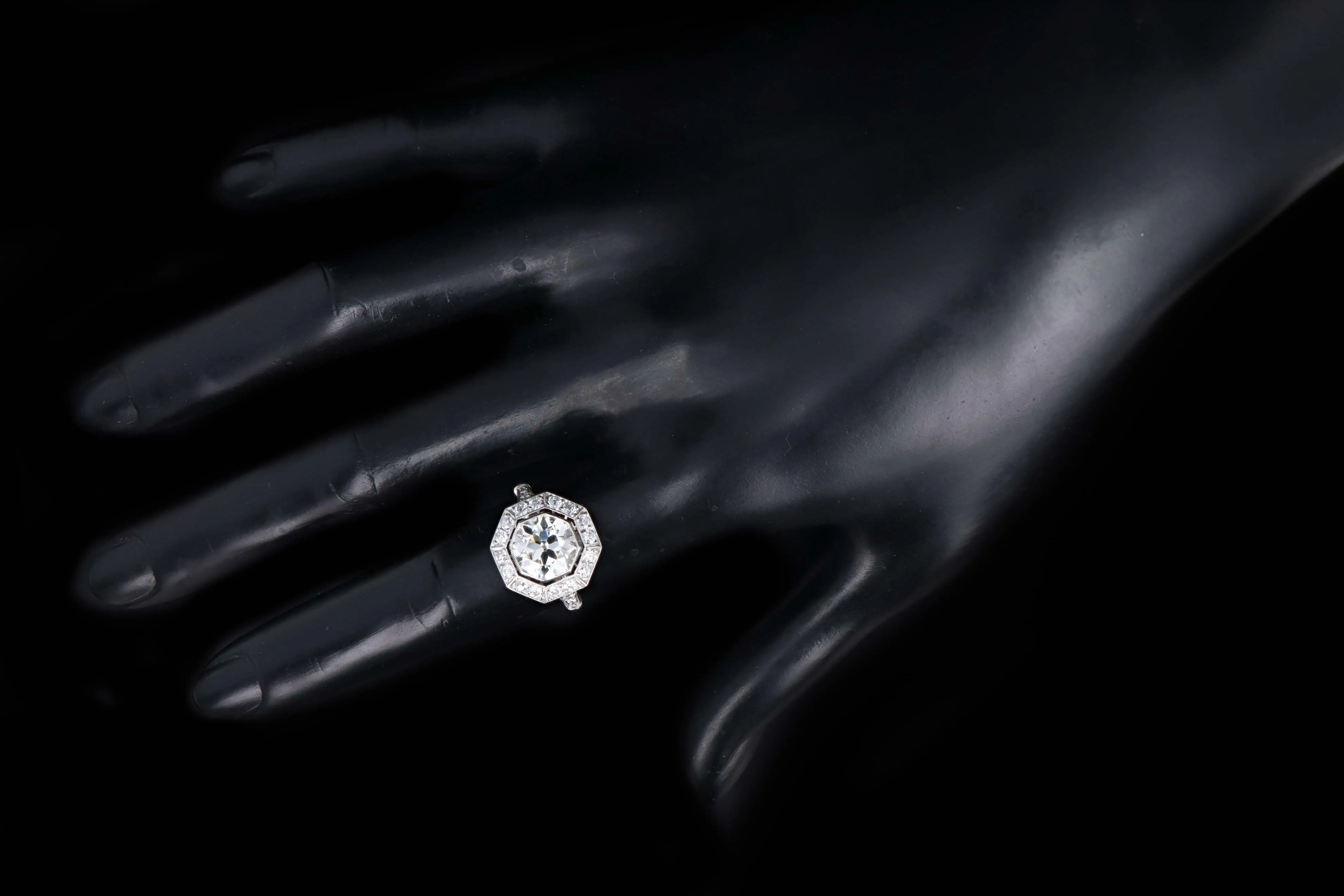 Art Deco Inspired Platinum 2.35 Carat Old European Cut Diamond Engagement Ring