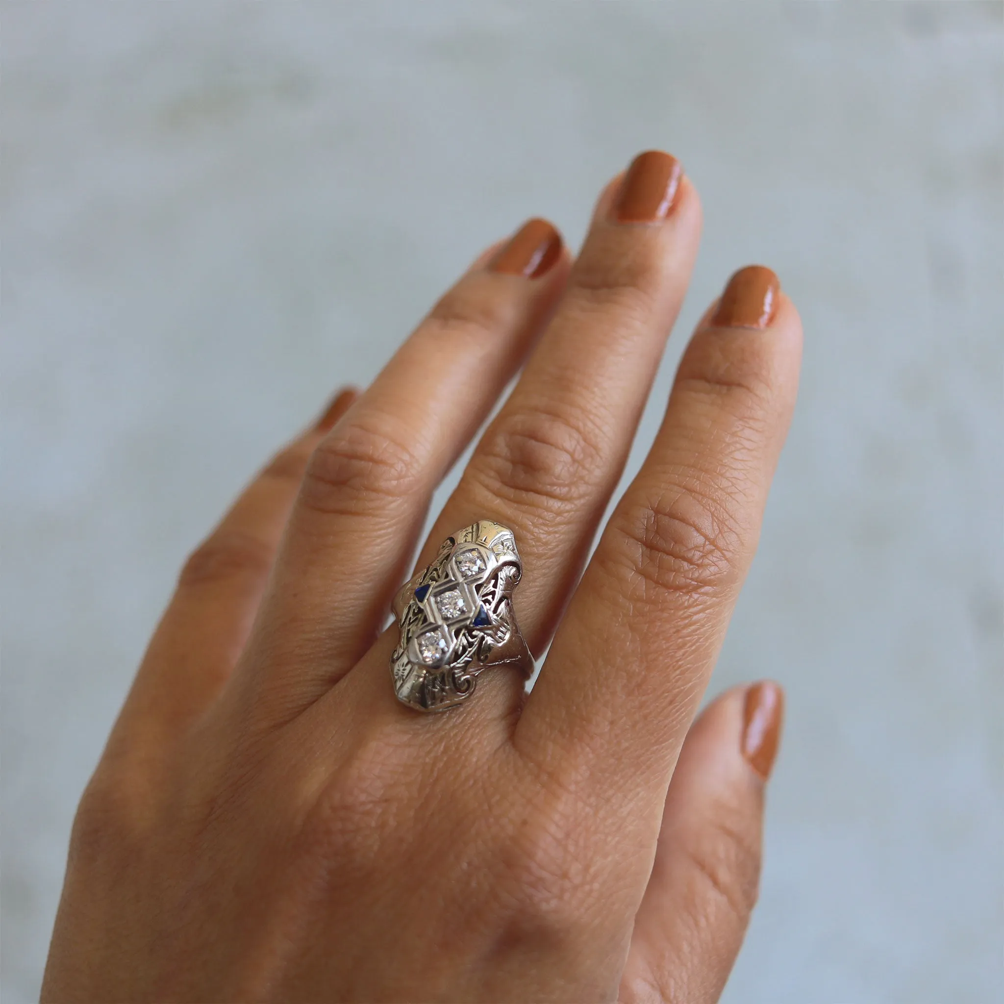 Art Deco Old European Cut Diamond & Synthetic Sapphire Platinum Ring