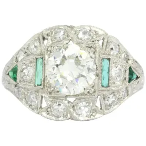 Art Deco Platinum 1.15 Carat Old European Cut Diamond Emerald Engagement Ring