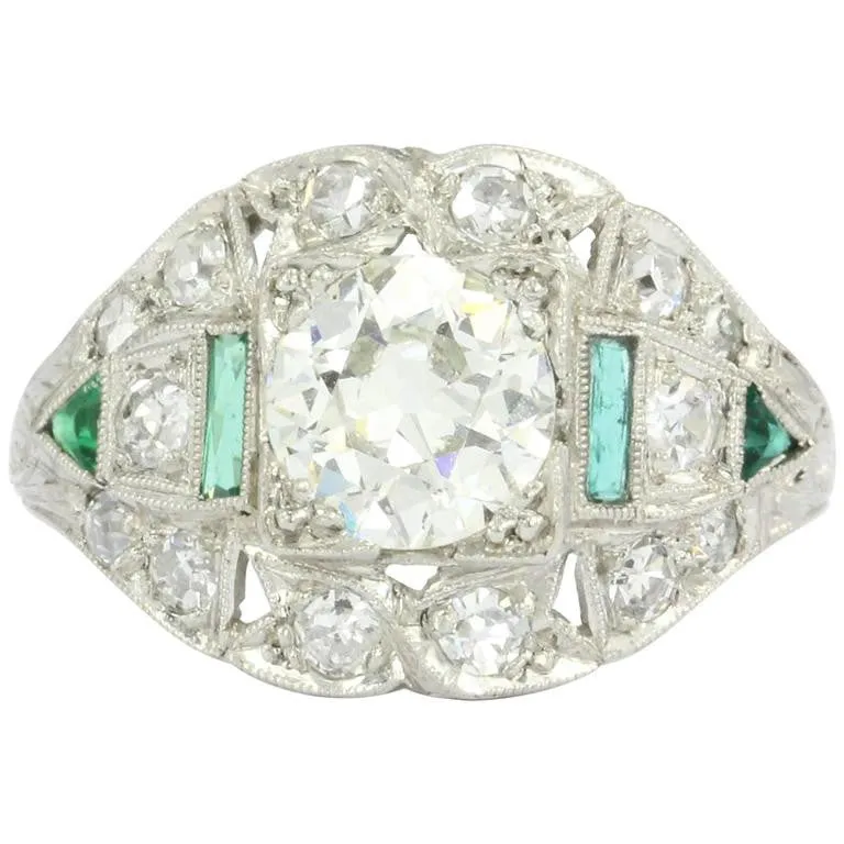 Art Deco Platinum 1.15 Carat Old European Cut Diamond Emerald Engagement Ring
