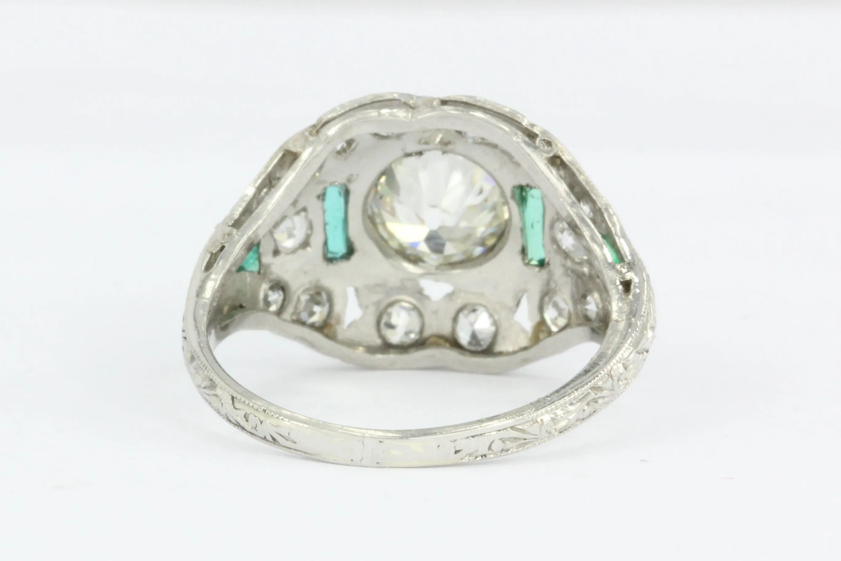 Art Deco Platinum 1.15 Carat Old European Cut Diamond Emerald Engagement Ring