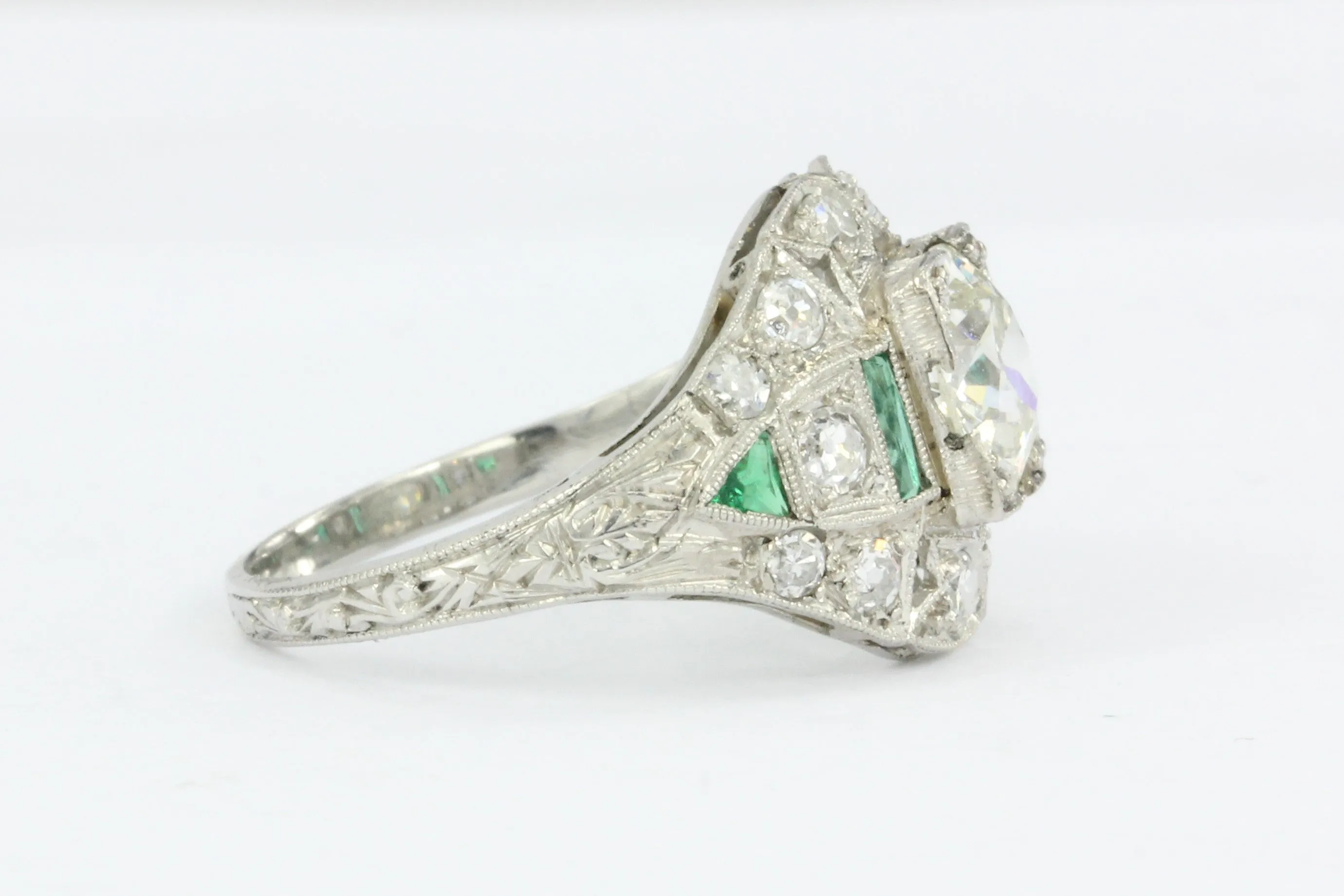Art Deco Platinum 1.15 Carat Old European Cut Diamond Emerald Engagement Ring