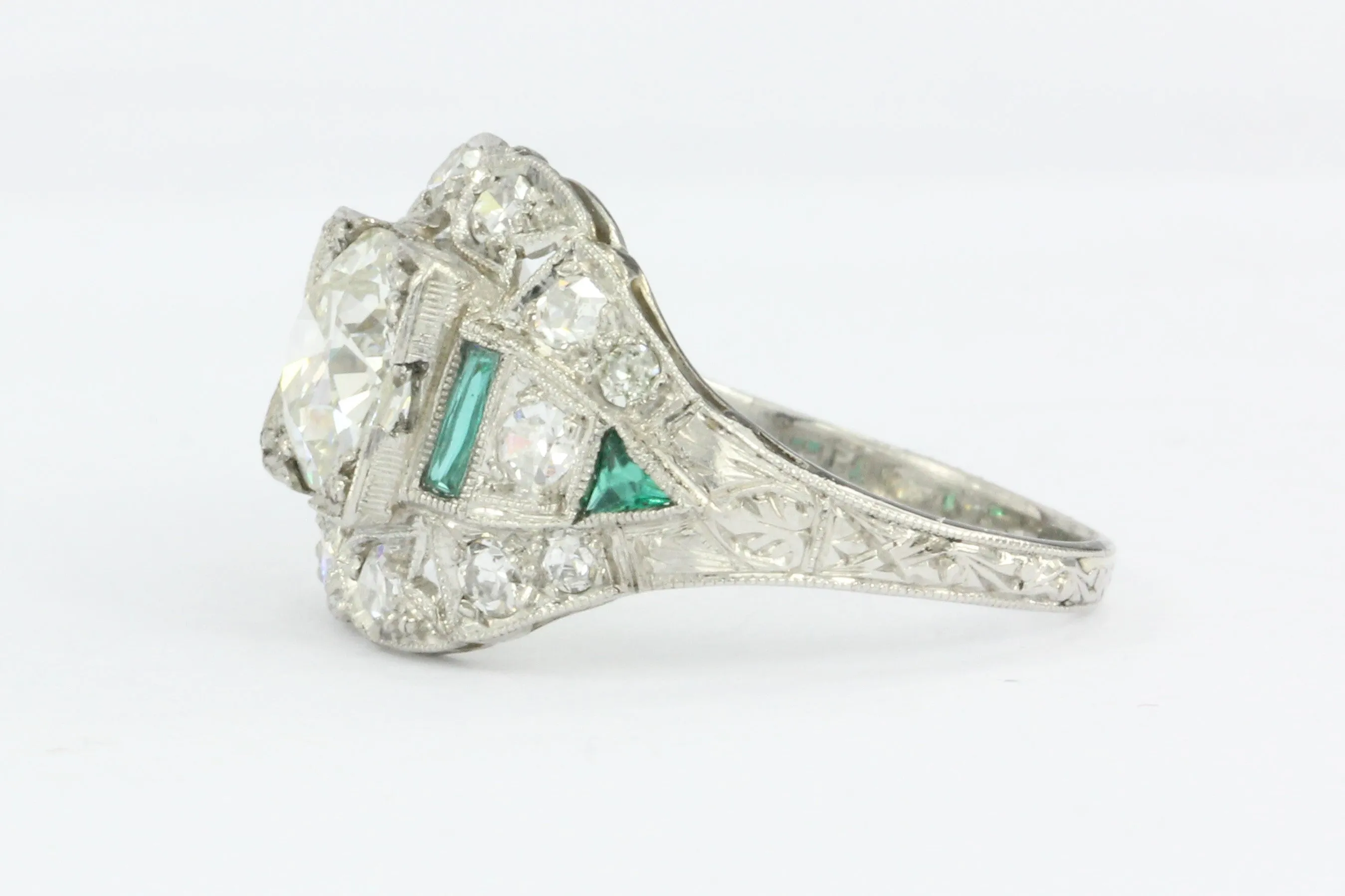 Art Deco Platinum 1.15 Carat Old European Cut Diamond Emerald Engagement Ring