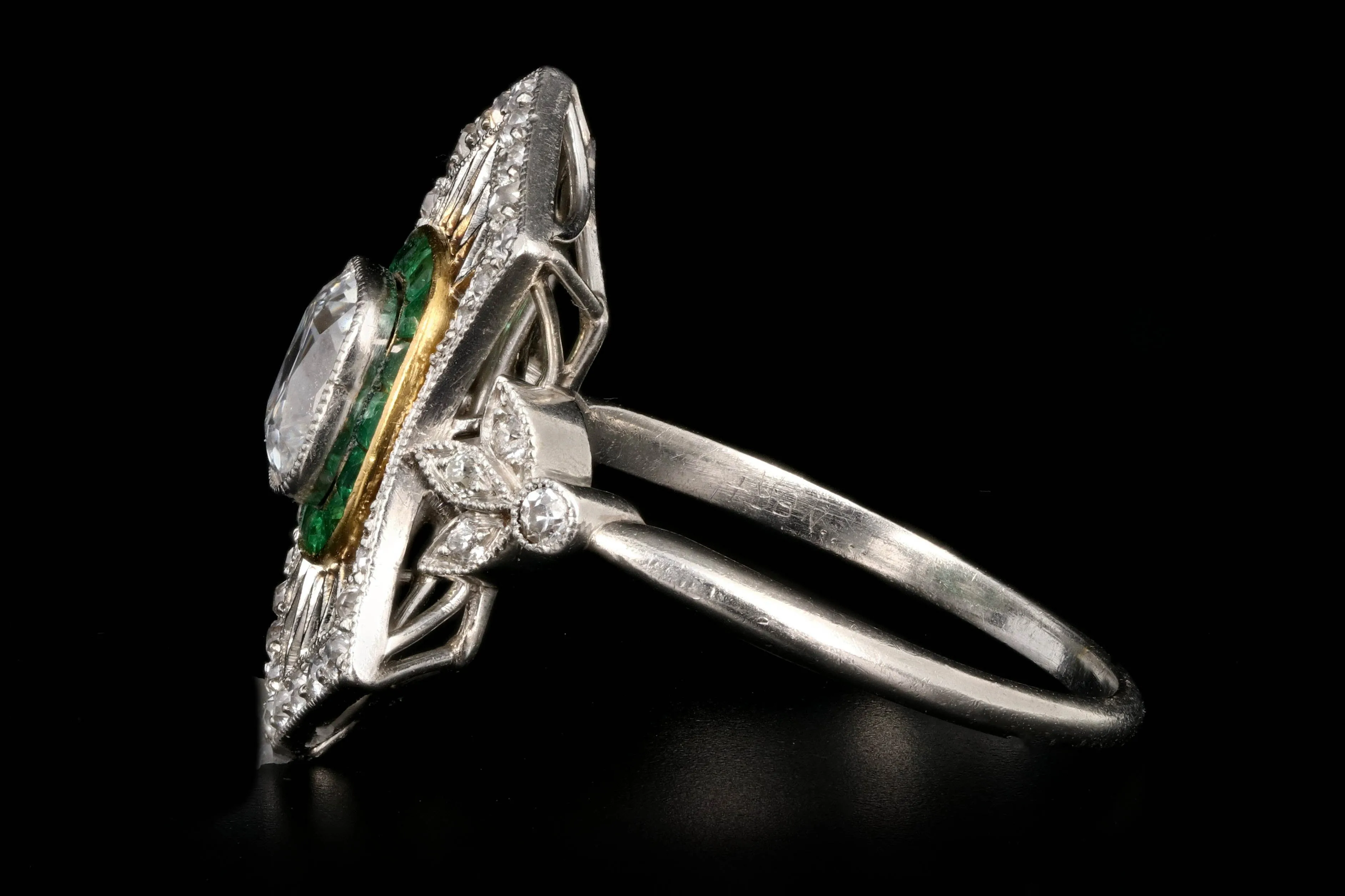 Art Deco Platinum 1.28 Carat Old Mine Cut Emerald & Diamond Ring