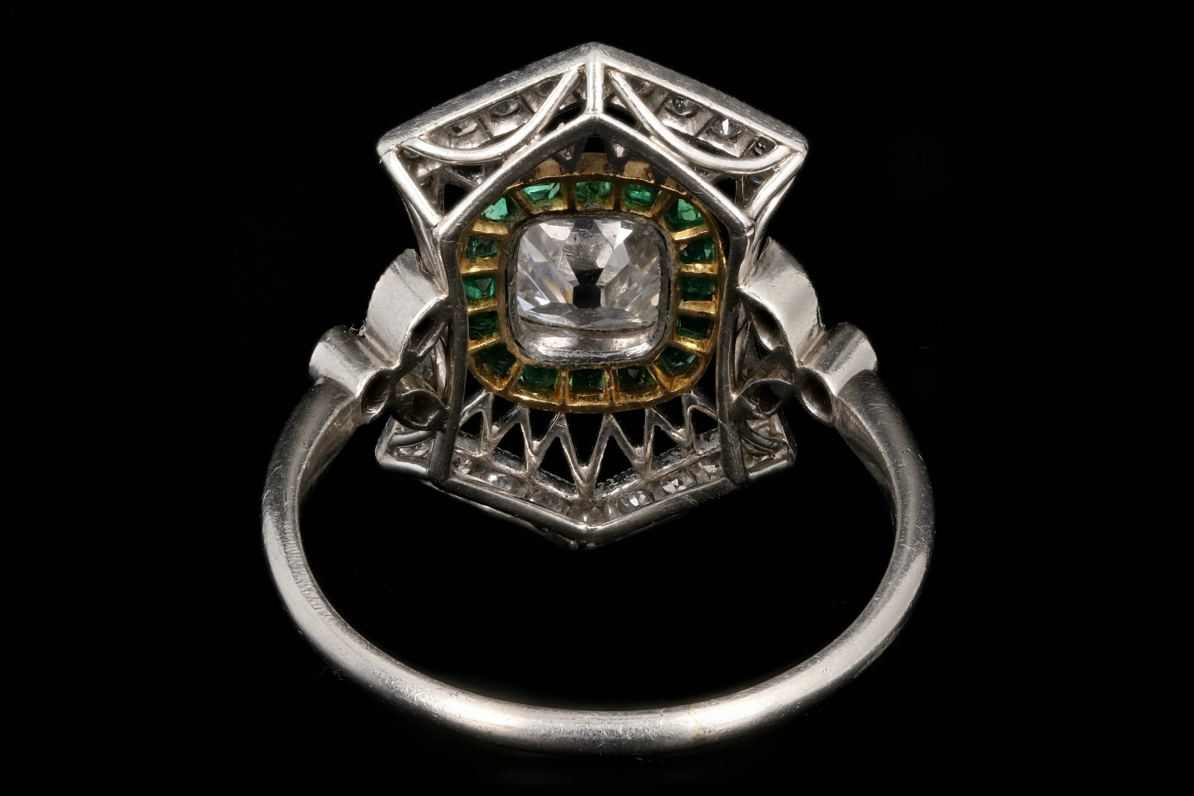 Art Deco Platinum 1.28 Carat Old Mine Cut Emerald & Diamond Ring